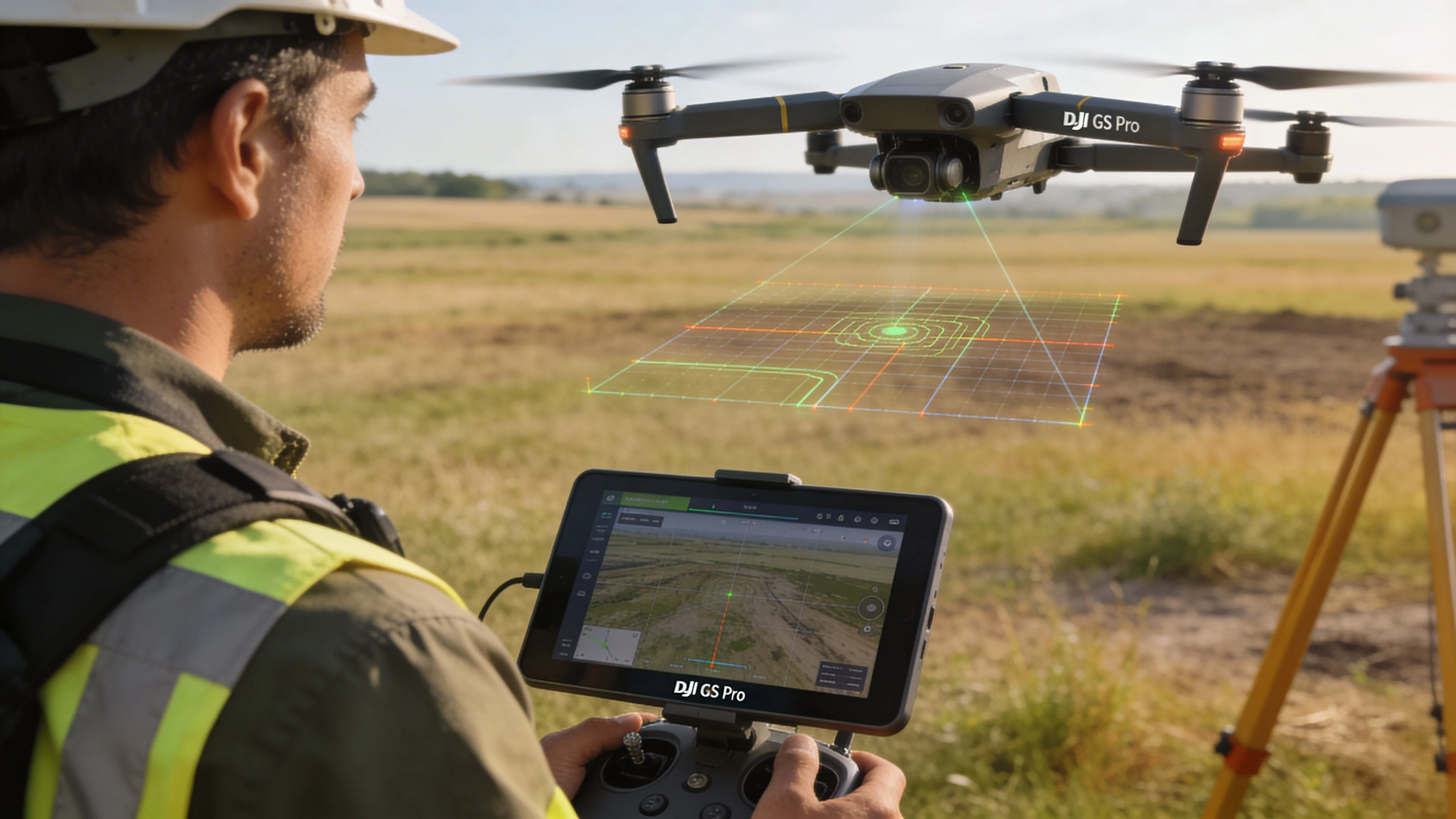 A surveyor using a drone and a controller with DJI GS Pro software for aerial mapping field work.