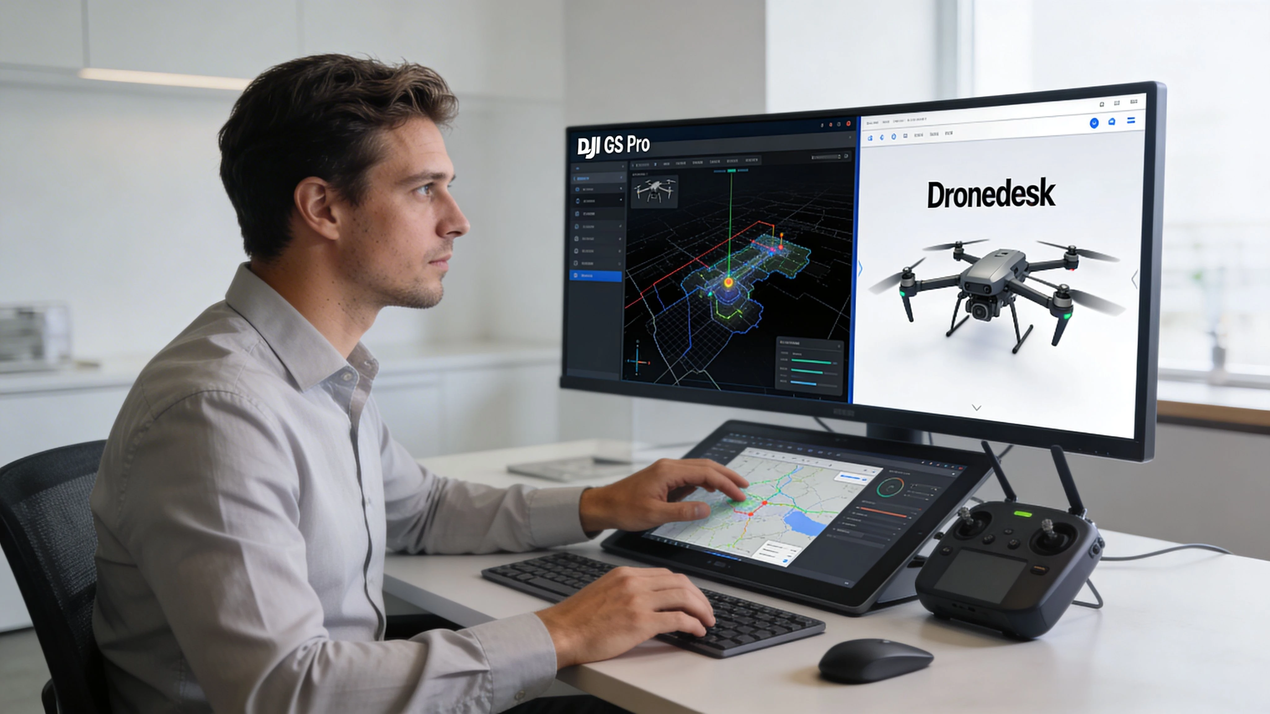 A professional drone operator reviewing flight data on a large computer monitor and interactive tablet interface.