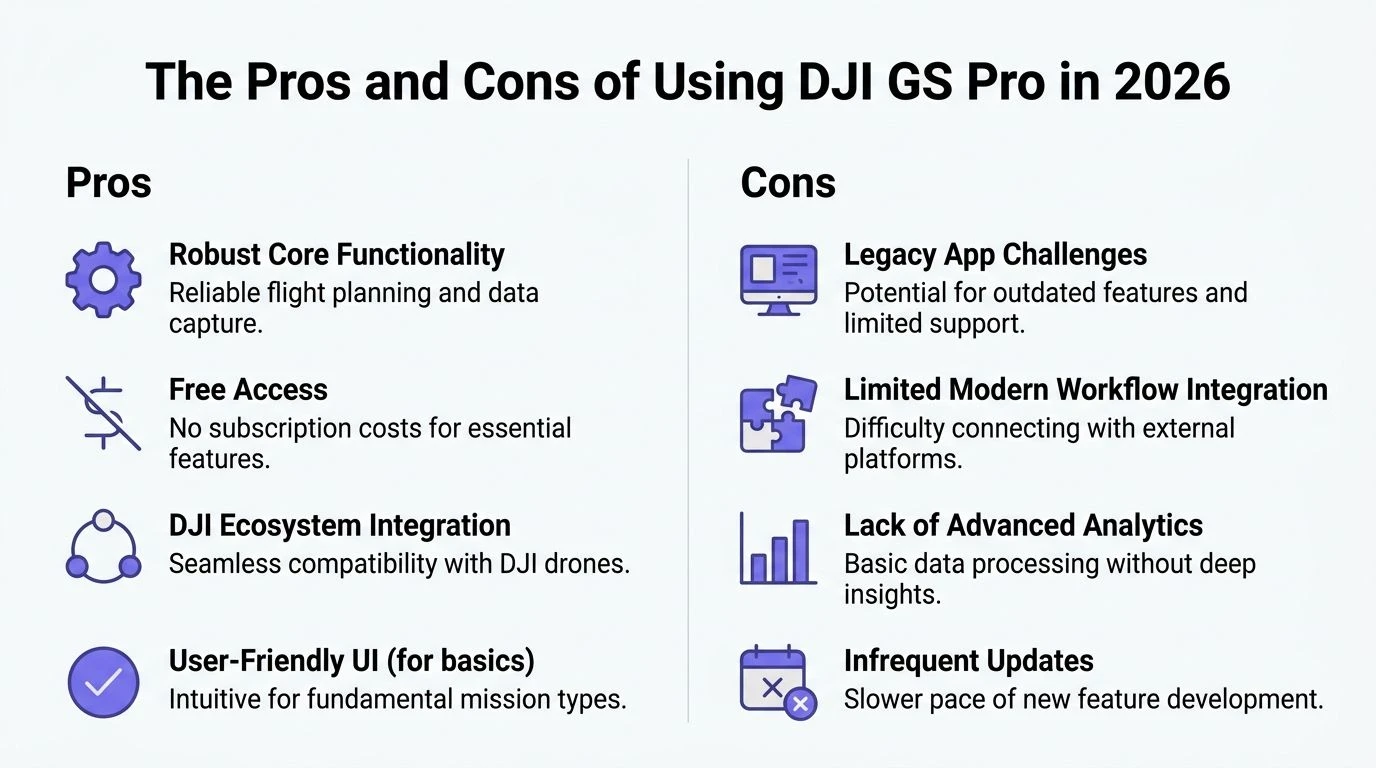 A pros and cons infographic comparing the benefits and drawbacks of using DJI GS Pro software in 2026.