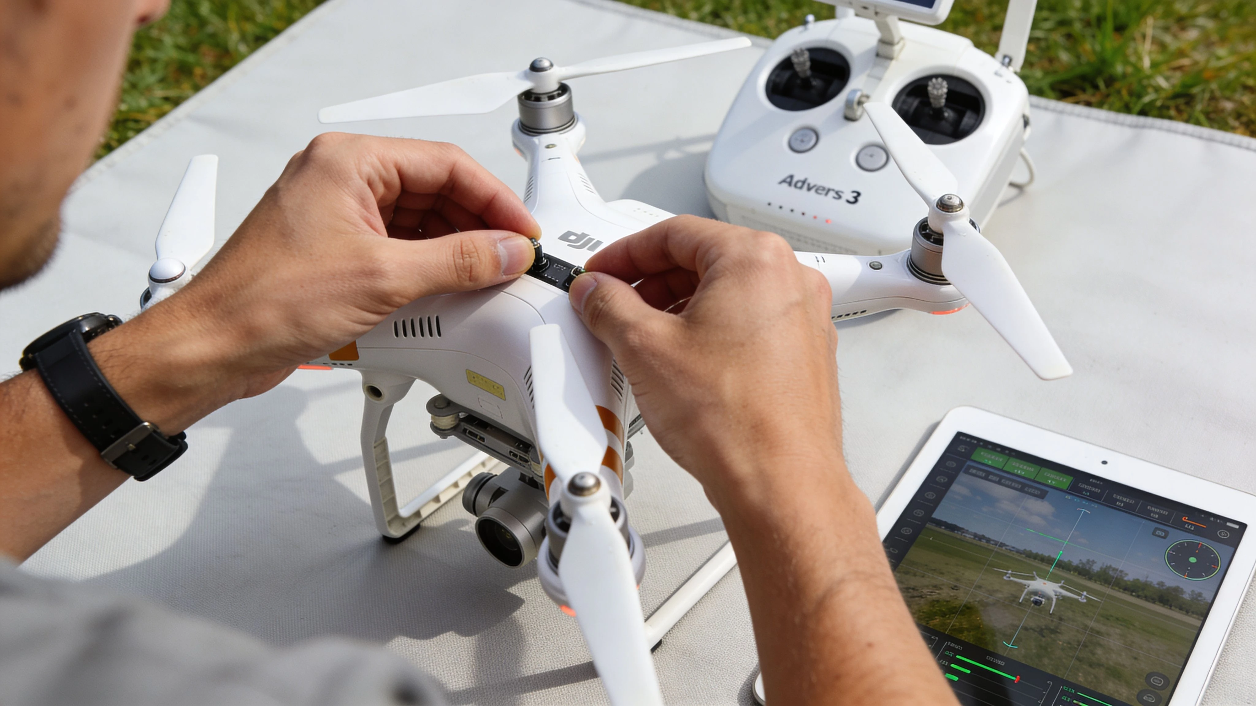 A person adjusting the settings on their DJI Phantom 3 quadcopter drone before a flight session.
