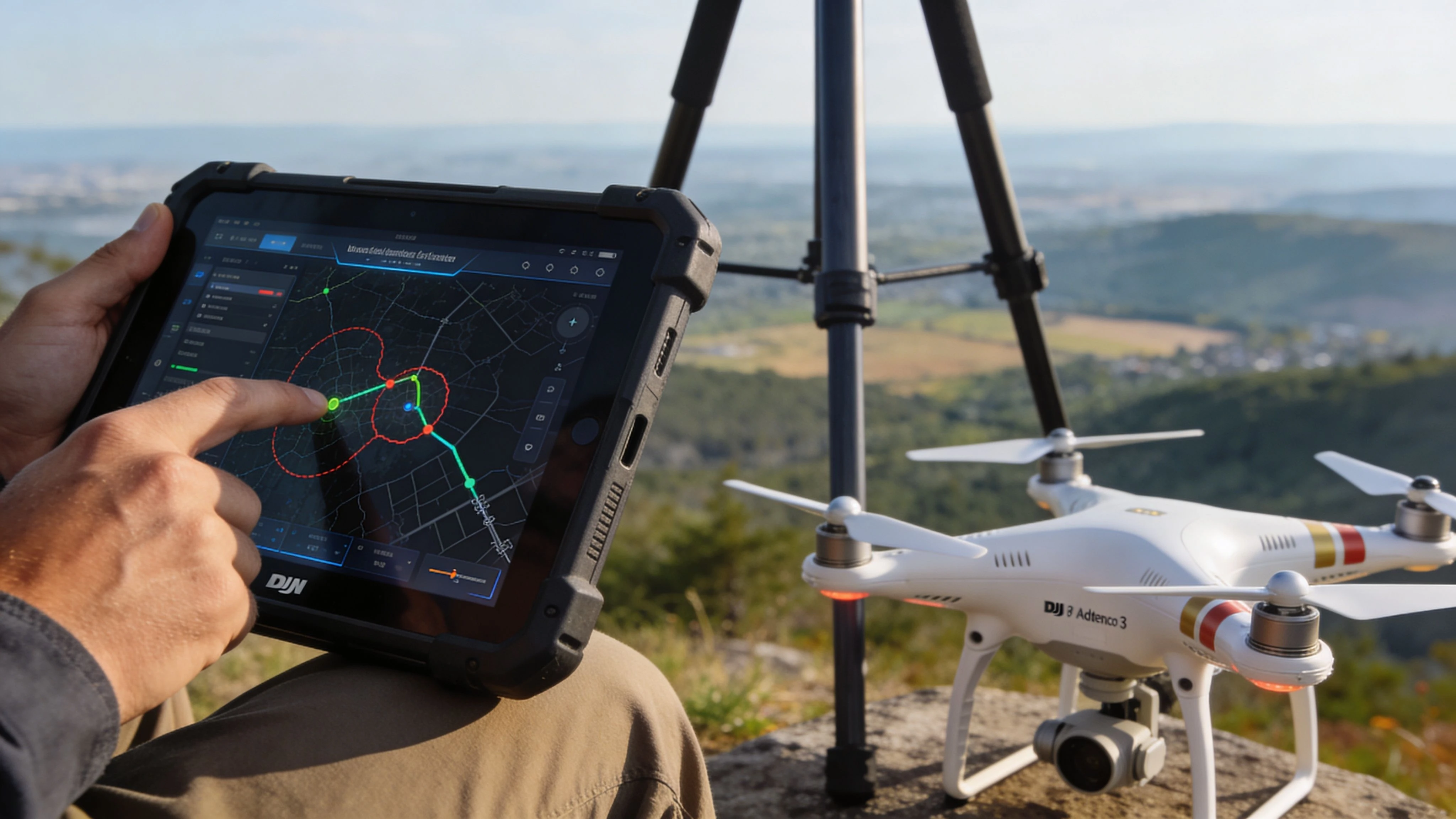 A person operating a DJI Phantom 3 drone using a tablet interface with a digital map display.