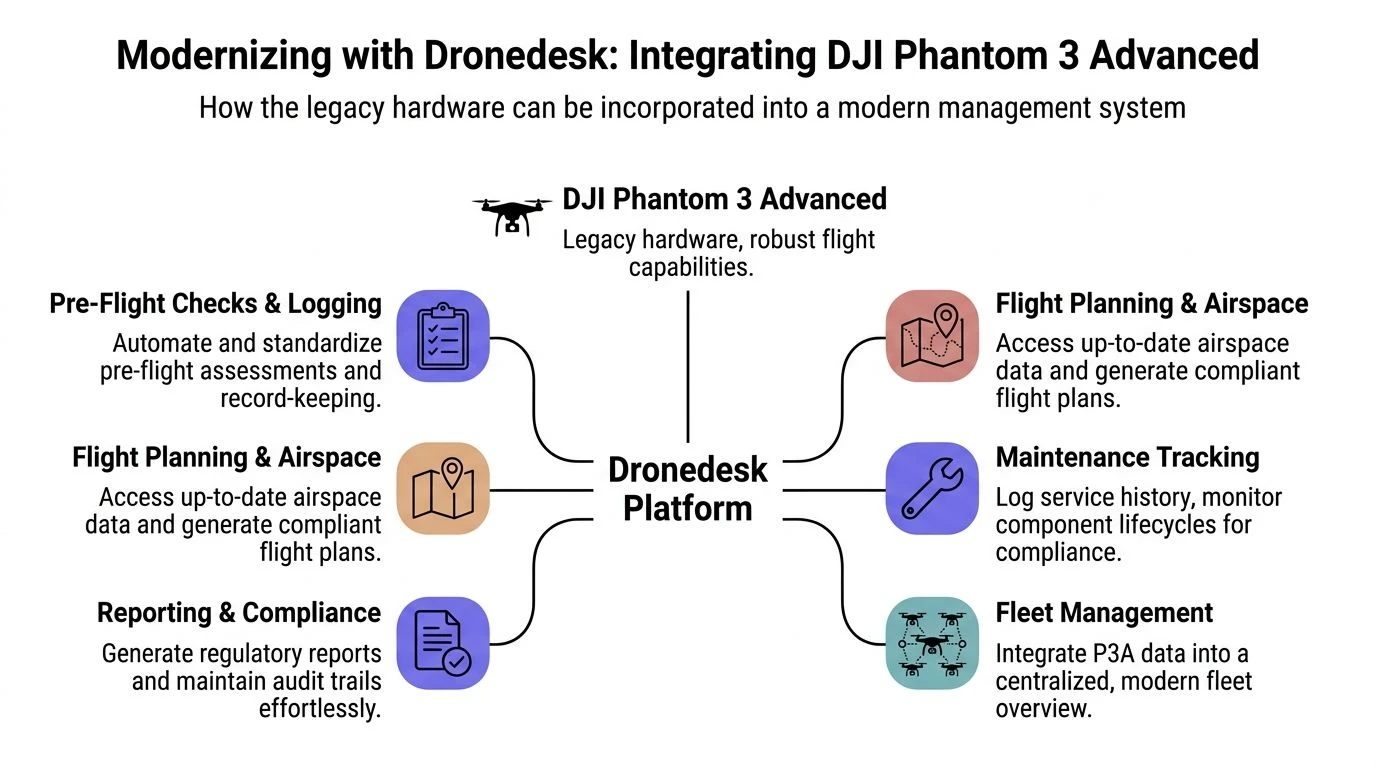 A diagram illustrating how the Dronedesk platform integrates and modernizes the DJI Phantom 3 Advanced drone workflow.