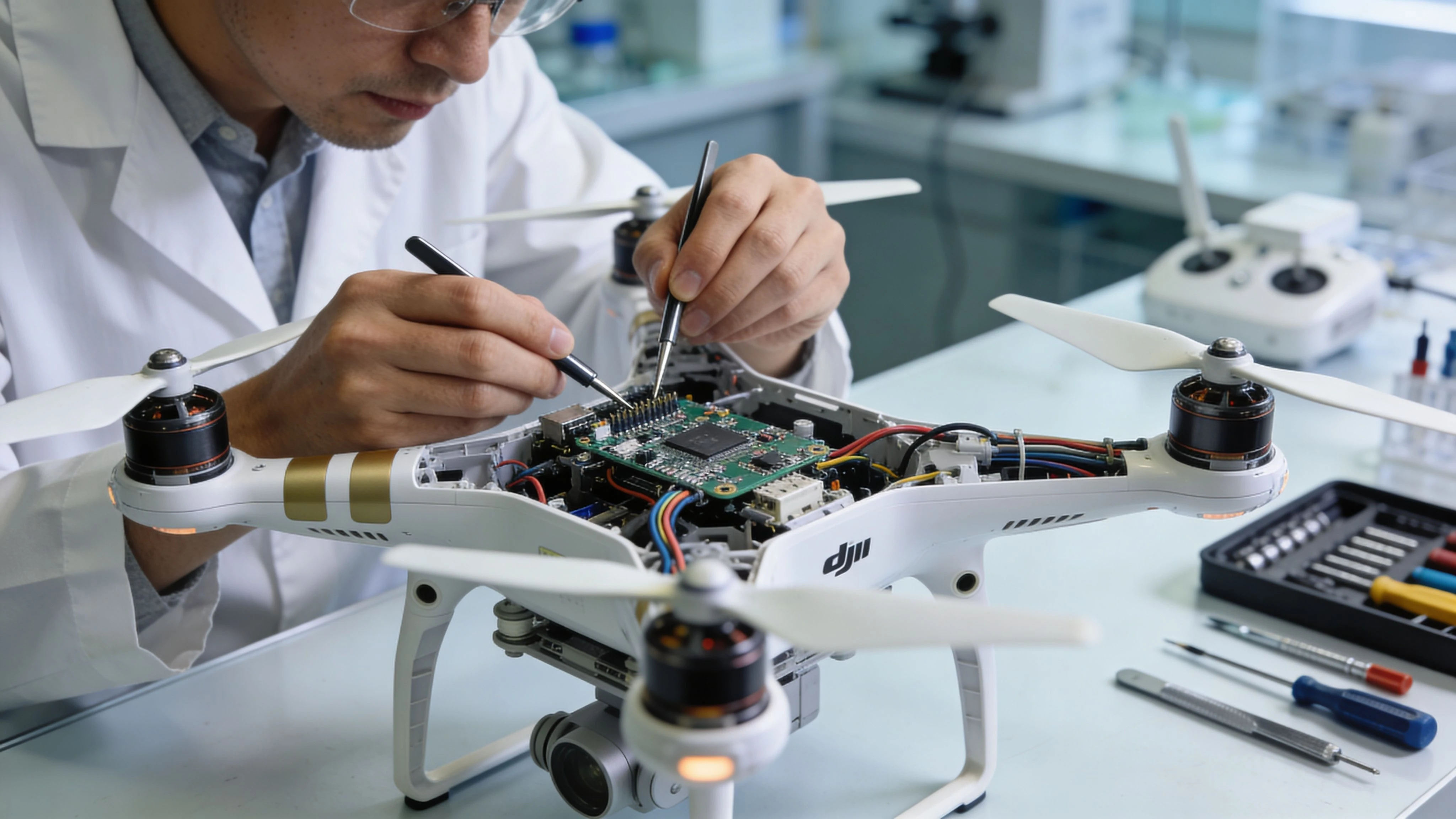 A technician wearing a white lab coat uses tweezers to repair a DJI Phantom 3 drone circuit board.