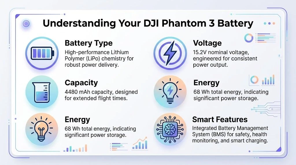 An infographic showing the technical specifications of the DJI Phantom 3 battery including capacity, voltage, and features.