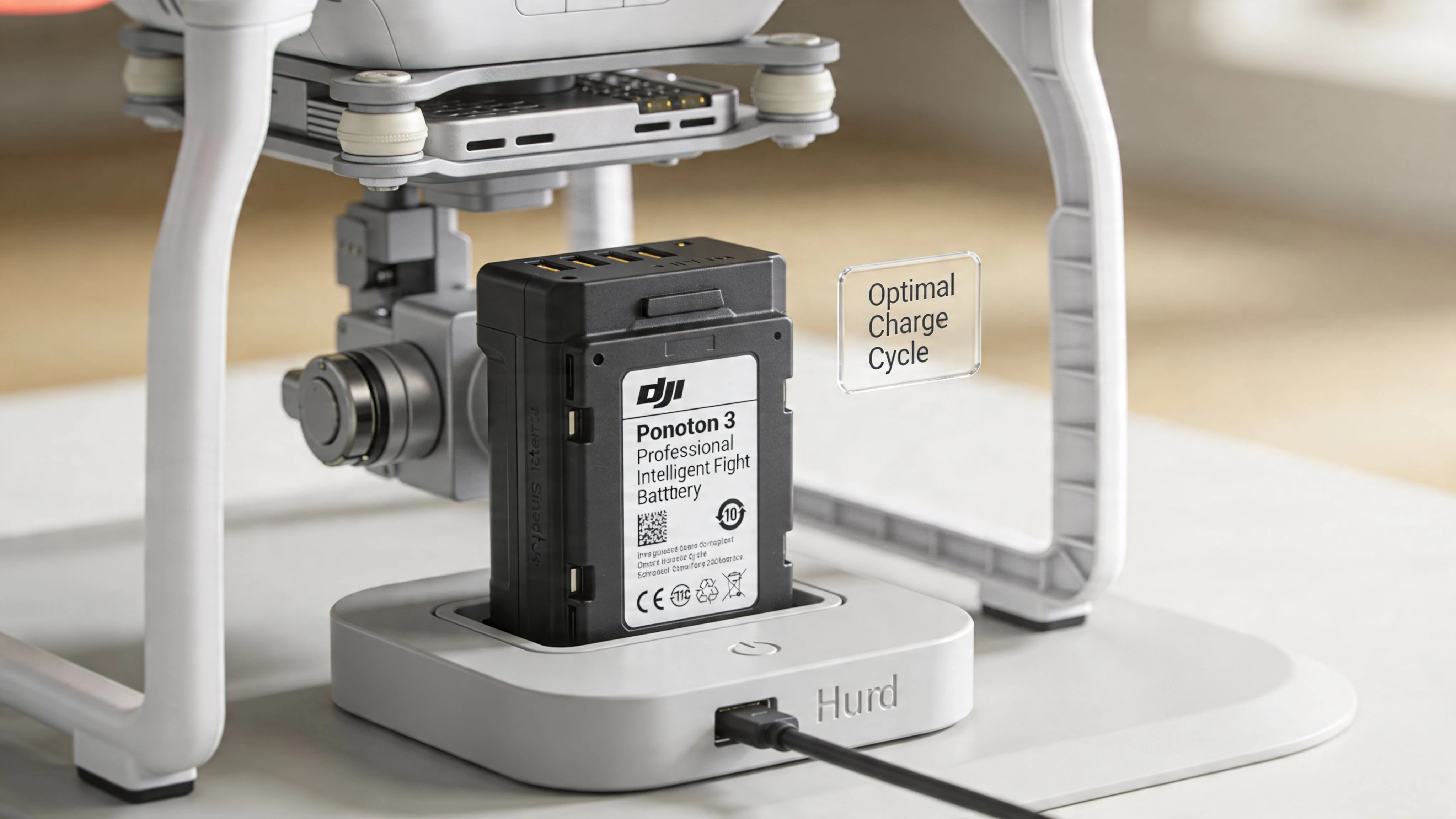 A DJI Phantom 3 professional drone battery charging on a white charging dock on a flat surface.