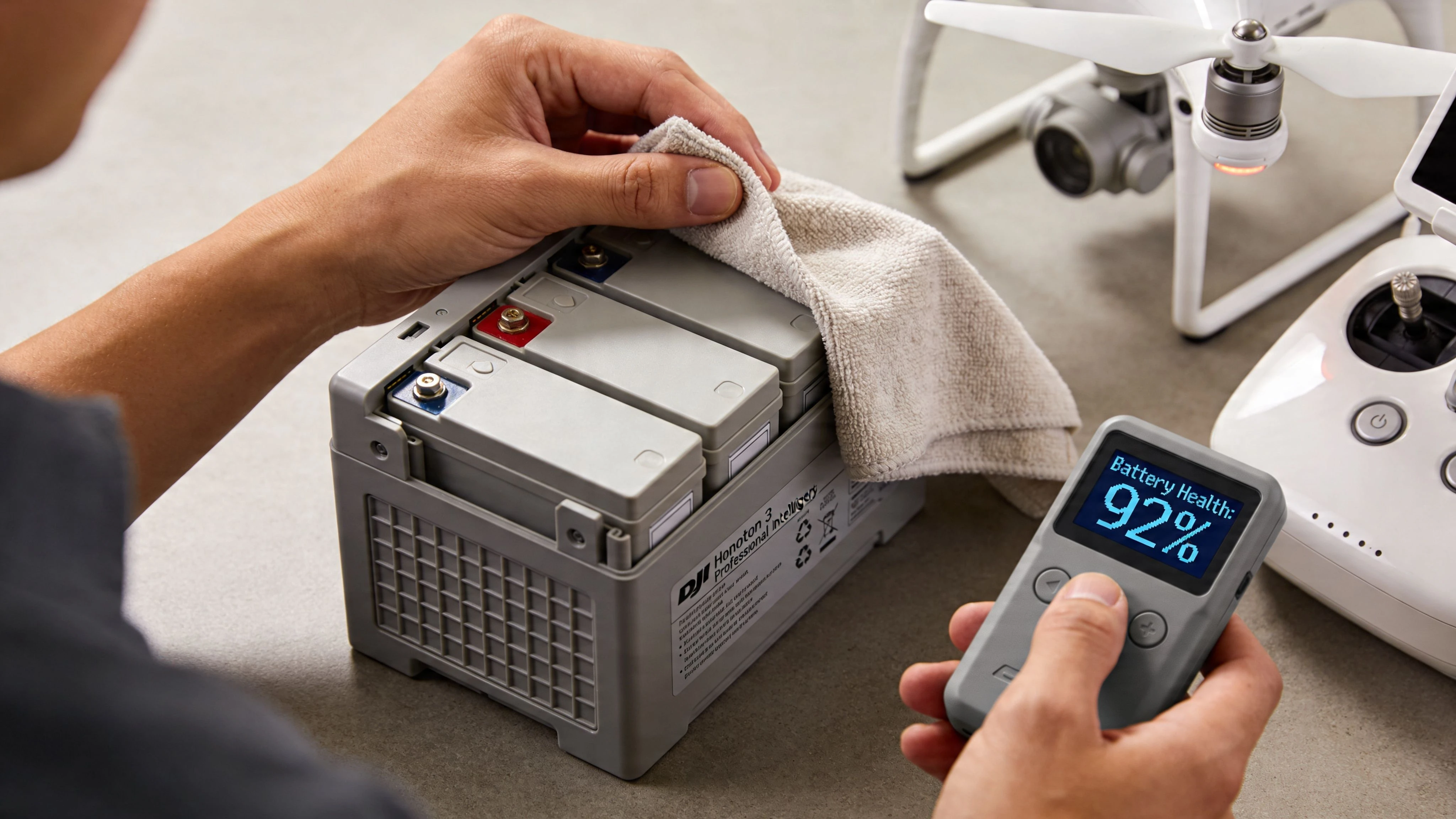 A person wiping a DJI Phantom 3 Professional battery with a cloth while checking battery health.
