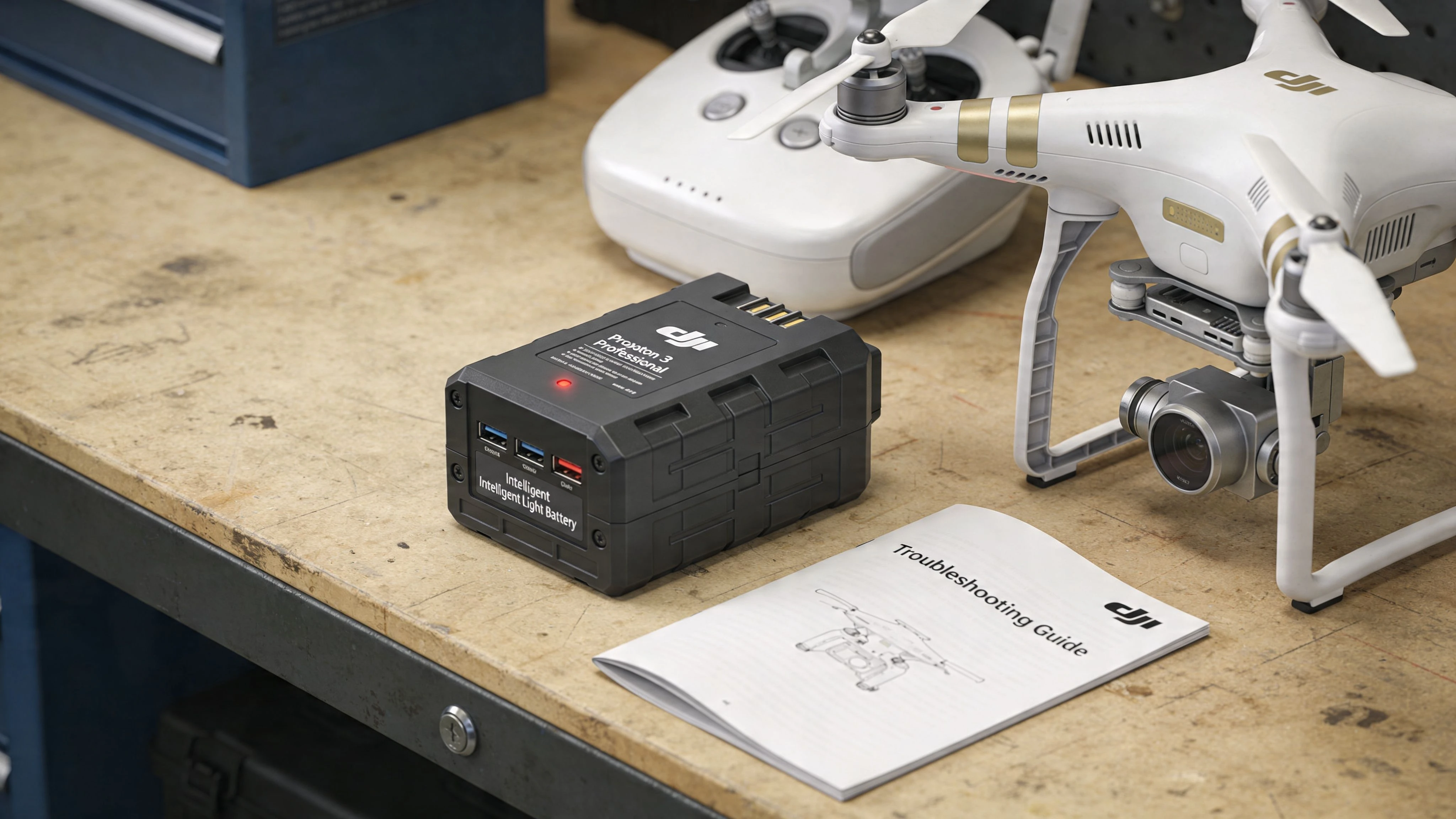 A DJI Phantom 3 Professional drone, battery, remote controller, and a troubleshooting guide on a workbench.