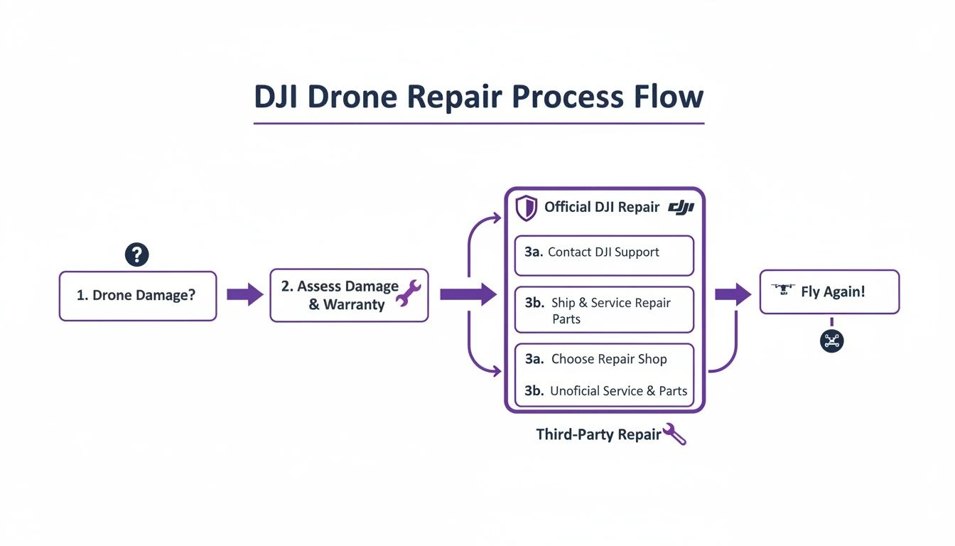 Flowchart illustrating the DJI drone repair process, covering damage assessment, official, and third-party repair options.