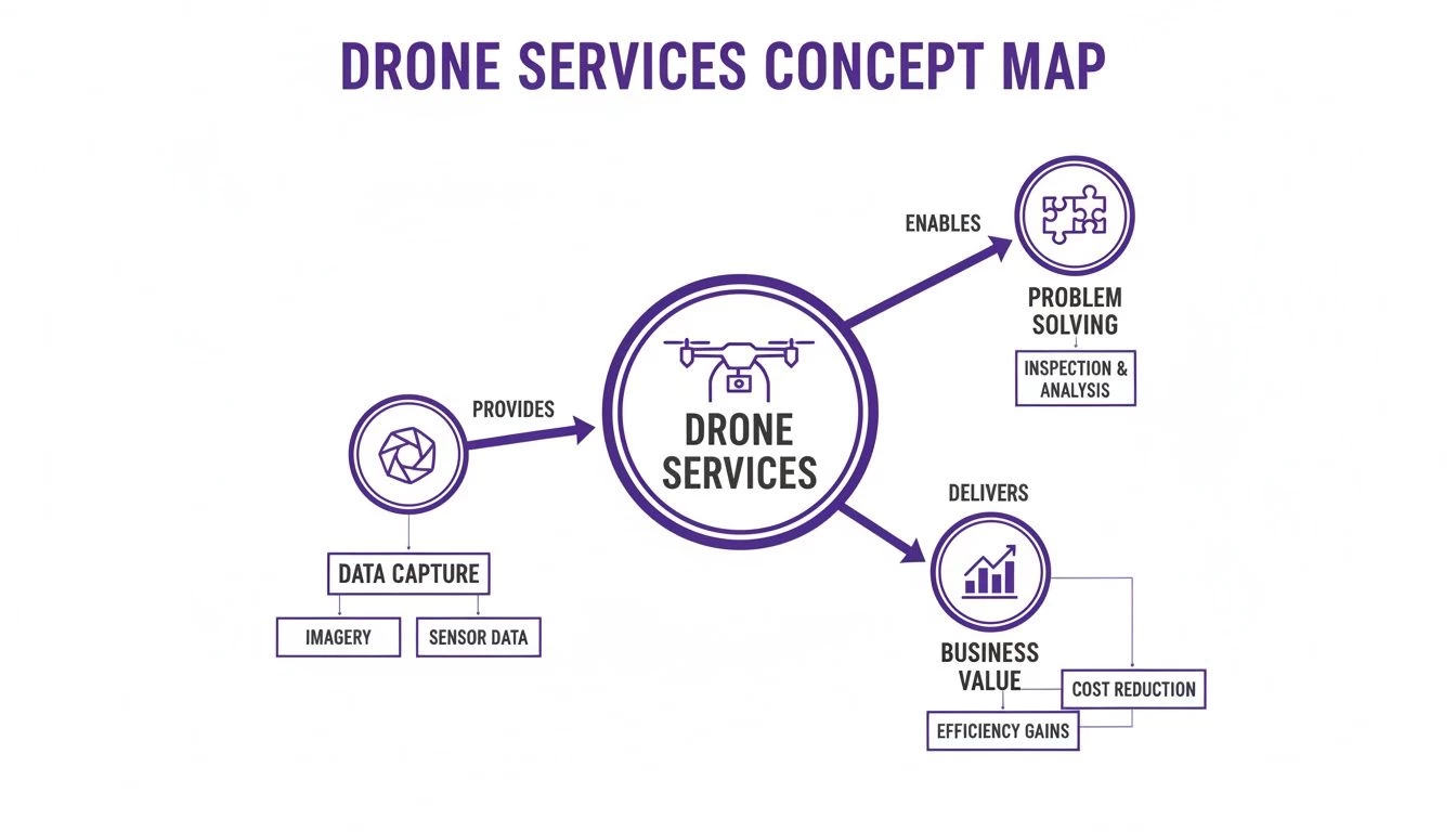 A concept map illustrates drone services, showing data capture inputs, and outputs like problem-solving and business value.