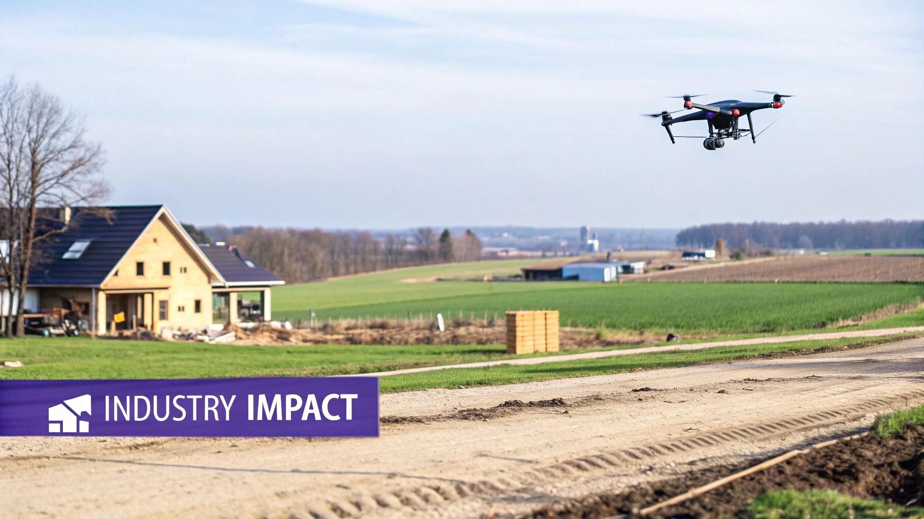 Black drone flying over a rural area with a house, green fields, and dirt road, featuring an "Industry Impact" banner.