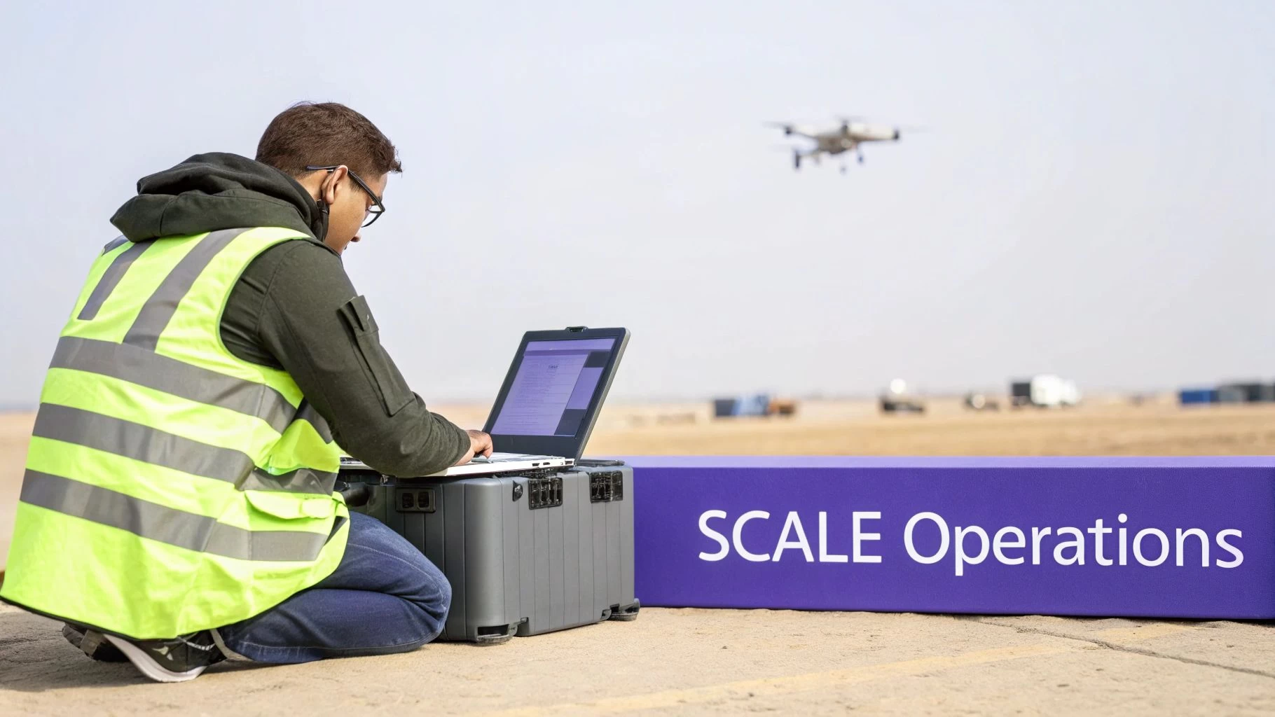 A technician in a safety vest controls a drone using a laptop, with a "SCALE Operations" banner.