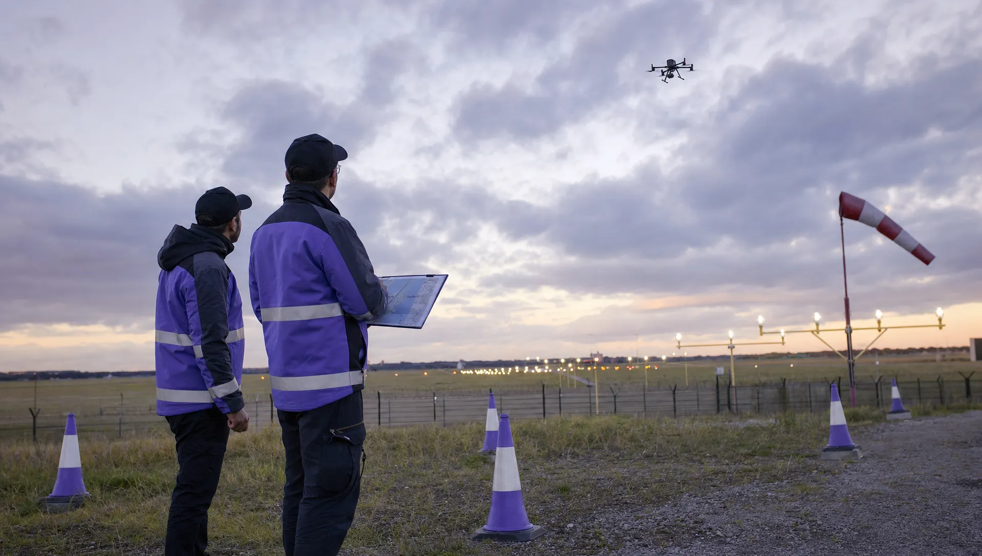 A drone crew checks an airport boundary with a clipboard map, cones, a windsock and runway approach lights in the distance, while a DJI Matrice 350 RTK flies well away overhead.