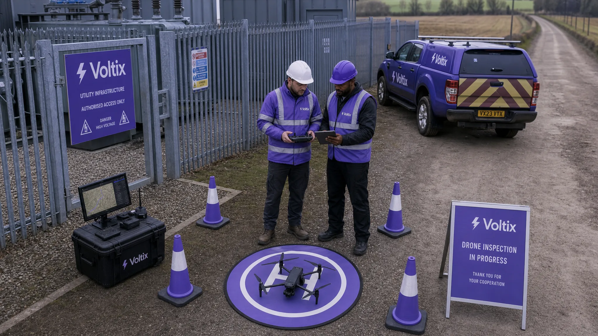 A drone pilot and infrastructure manager reviewing a planned inspection flight beside a fenced utility site, with a quadcopter on a landing mat, safety cones around the take-off area and inspection equipment prepared nearby, seen from slightly above with the site boundary and access route clearly visible.
