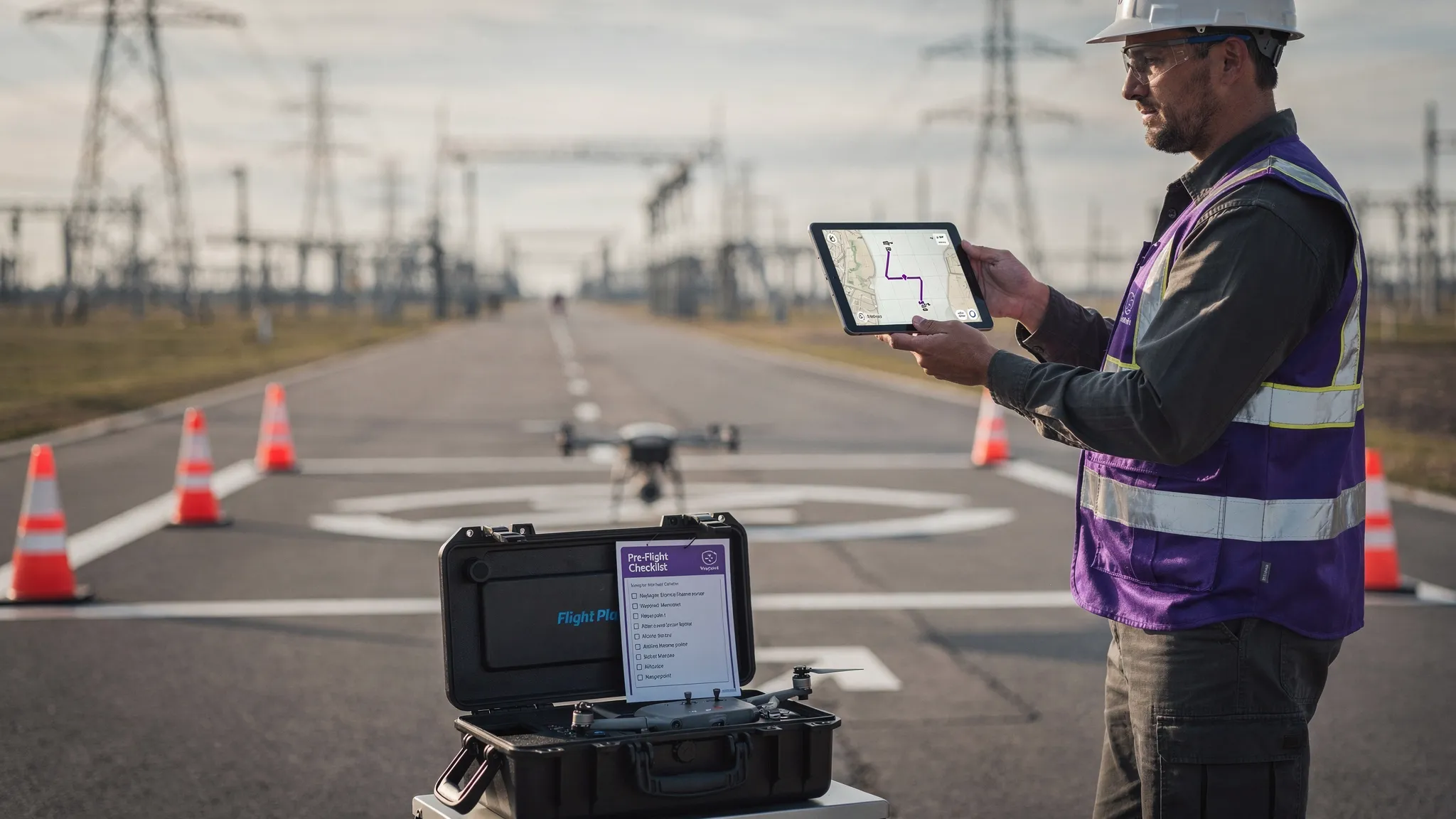 A commercial drone operator standing beside a marked take-off area with a drone case, cones, printed checklist and a tablet showing a correctly oriented flight planning screen, with utility infrastructure in the distance.