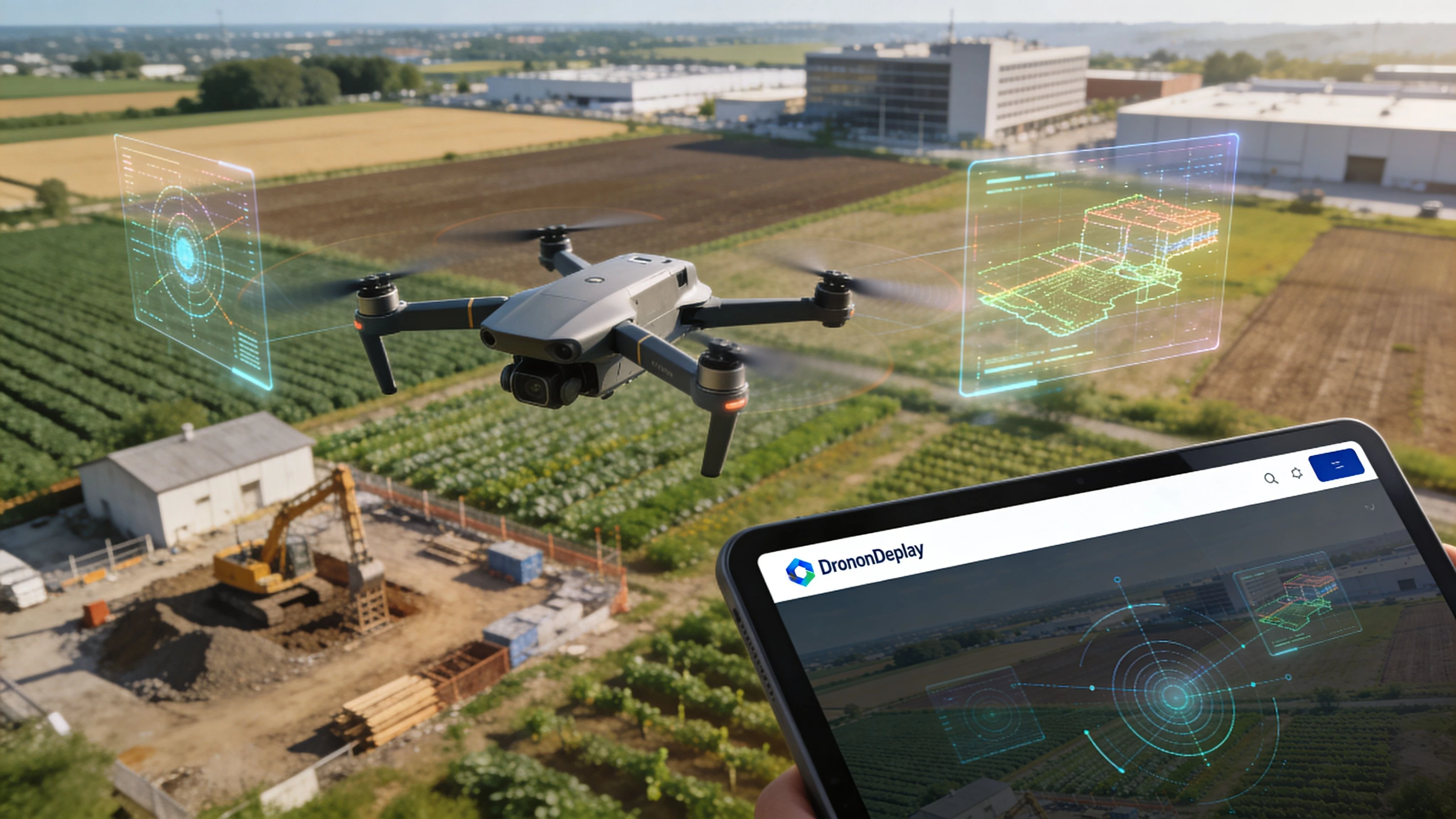 A drone hovering over a construction site with digital data overlays and a tablet displaying aerial monitoring.