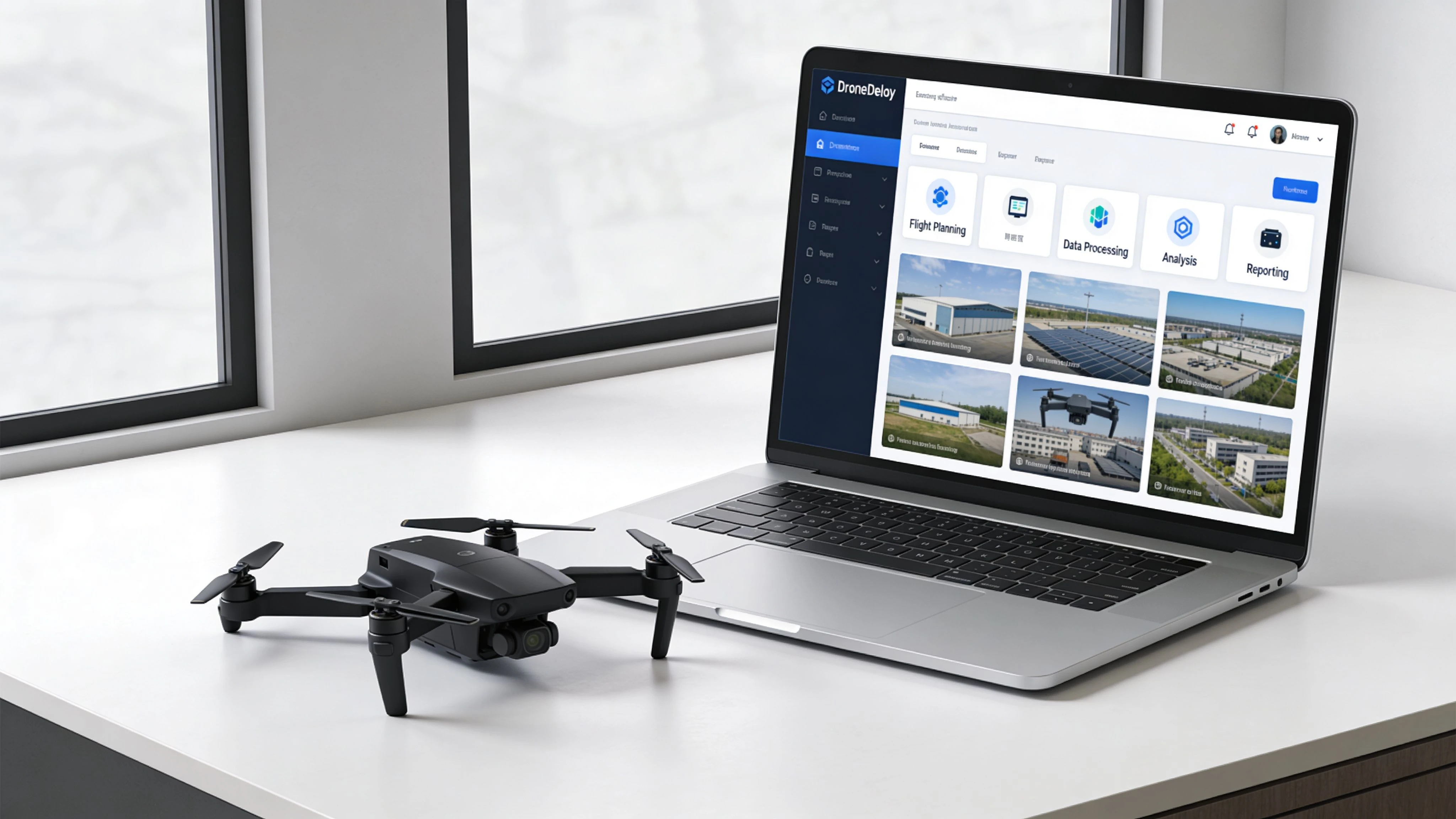 A modern drone sitting on a white desk next to a laptop displaying the DroneDeploy application.