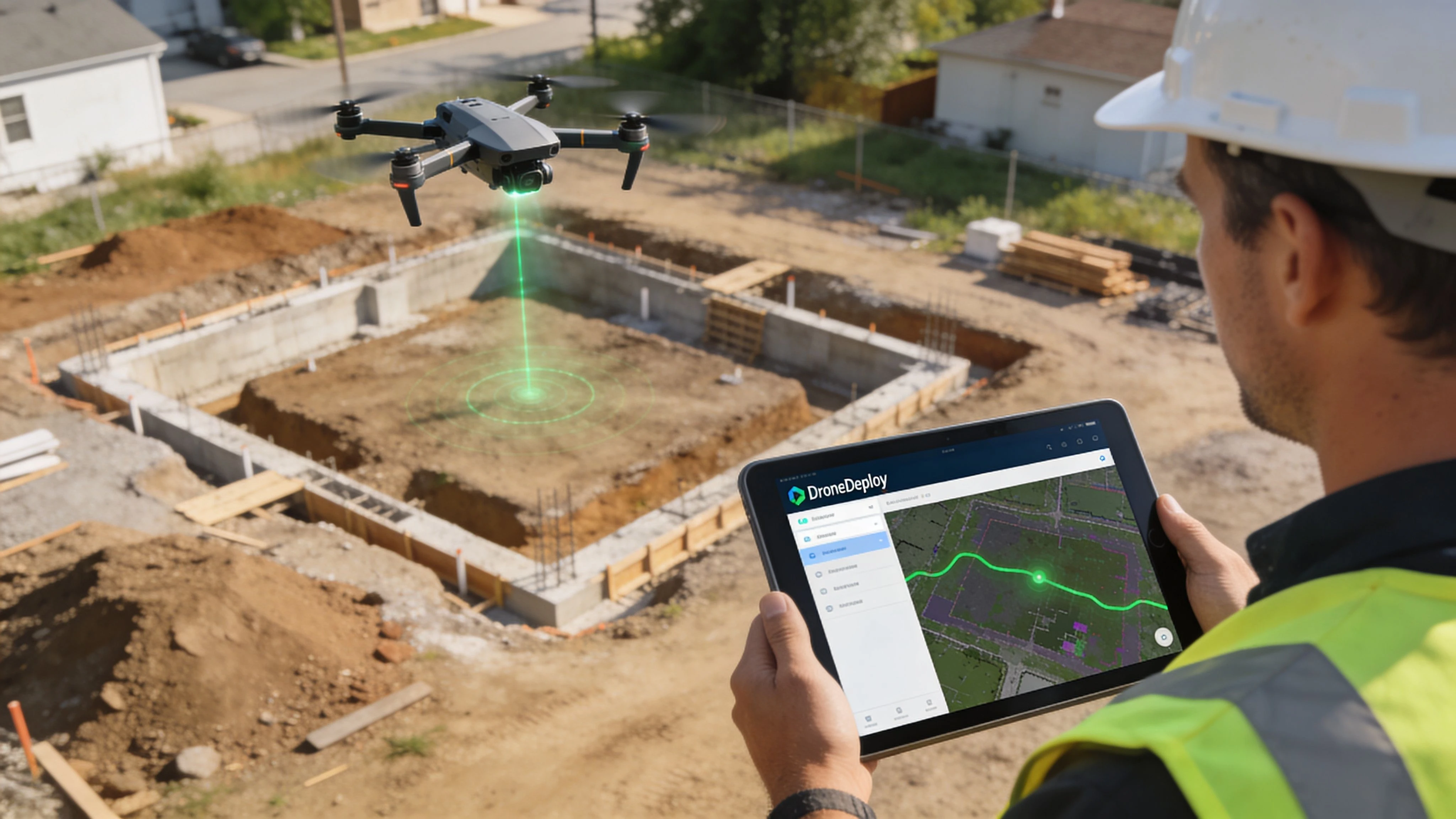 A construction worker uses a tablet running the DroneDeploy app to survey a building foundation with a drone.