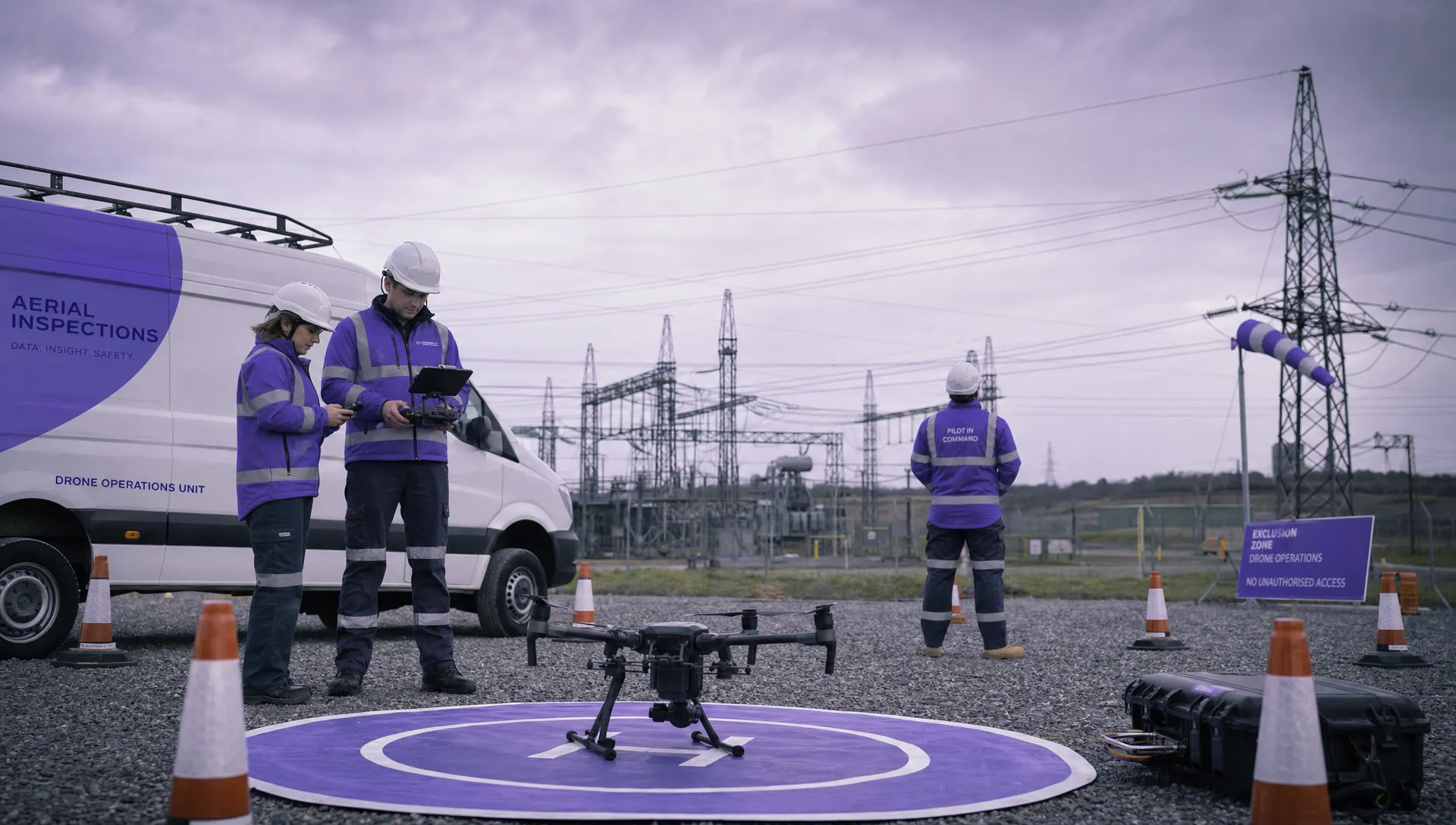 A drone operations team beside a marked landing zone at an industrial utility site, with cones defining an exclusion area, a multirotor drone on a landing mat, overhead cables in the distance and one crew member watching the airspace.