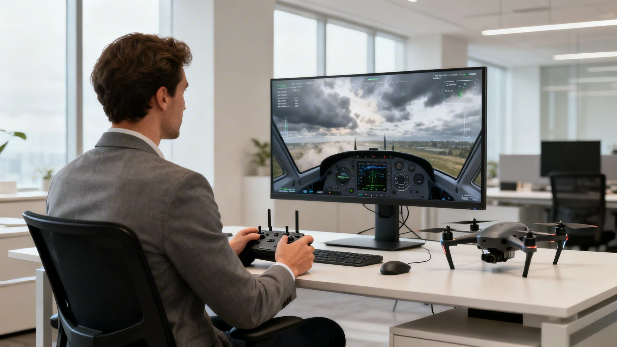 Professional man in office using drone controller for flight simulator, with drone nearby.