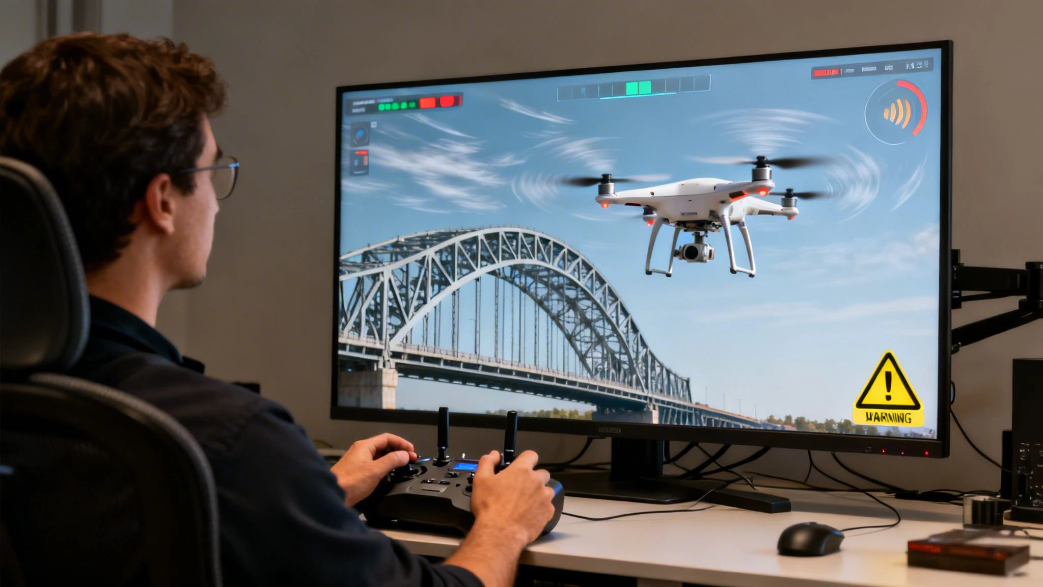 A man with glasses flying a drone on a computer simulator, displaying a bridge and a warning.