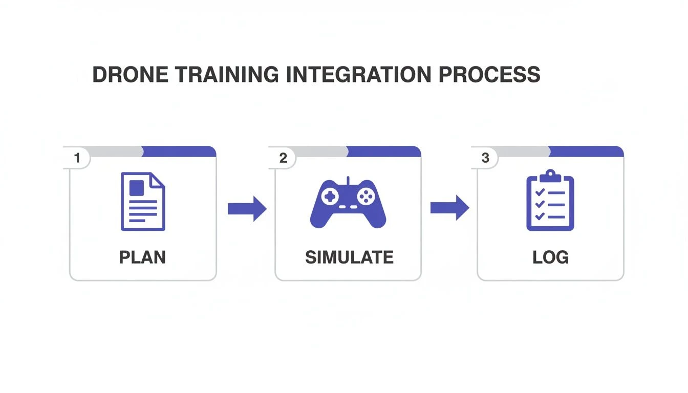 A three-step drone training integration process, showing icons for Plan, Simulate, and Log.