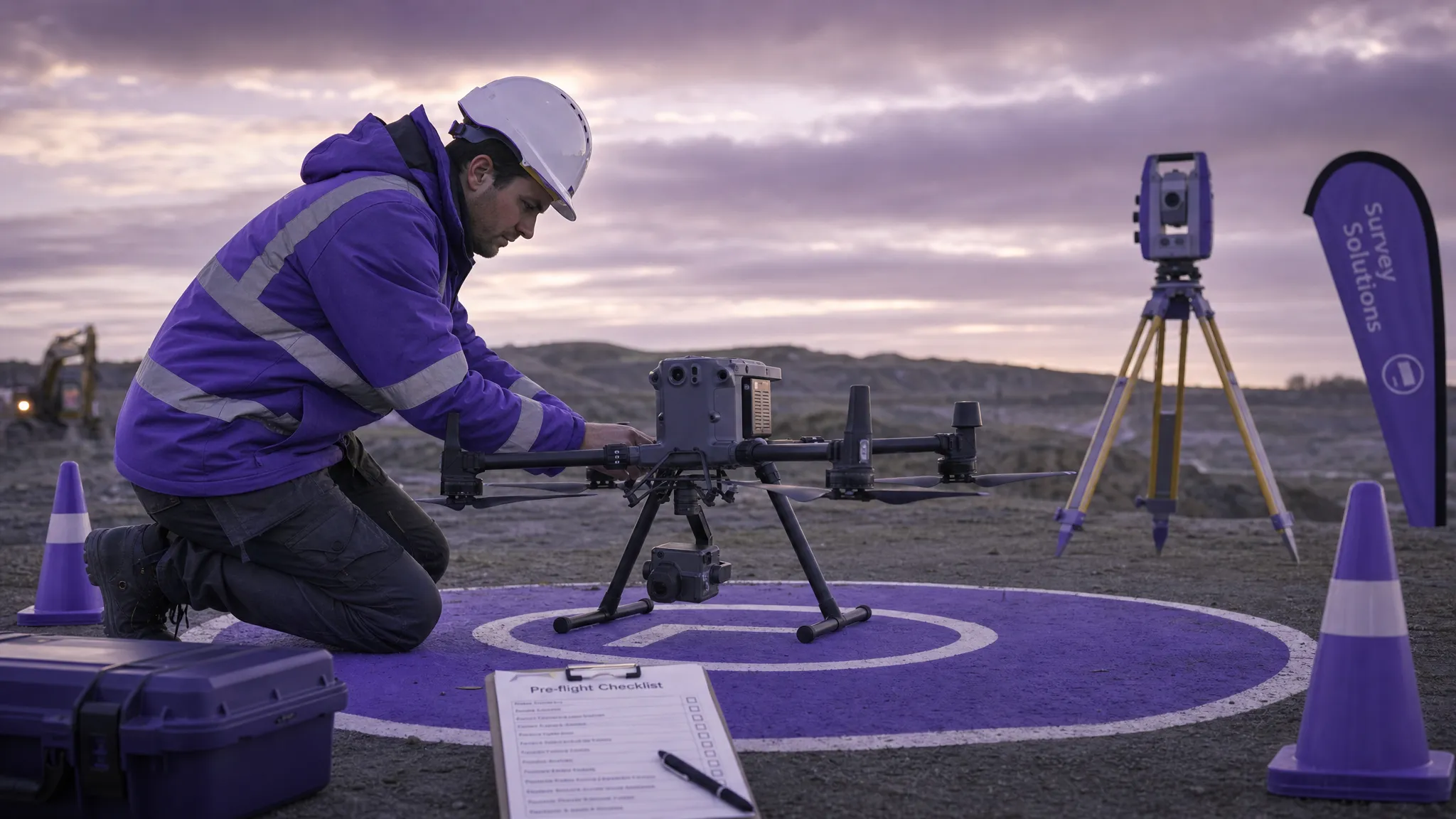 Drone operator preparing a commercial drone at a marked take-off area, with cones, a checklist clipboard and an open survey site in the background.