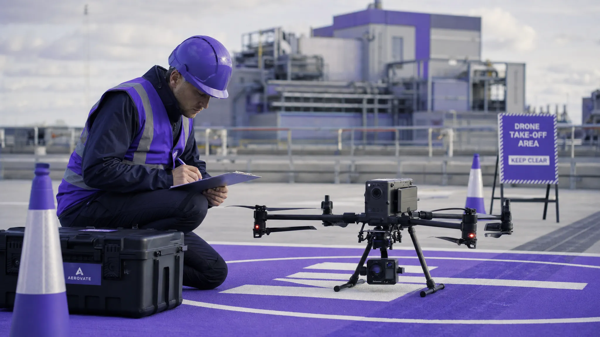 A professional drone operator carrying out pre-flight checks beside a marked take-off area on a commercial site, with a drone, safety cones, checklist clipboard and industrial buildings in the background.