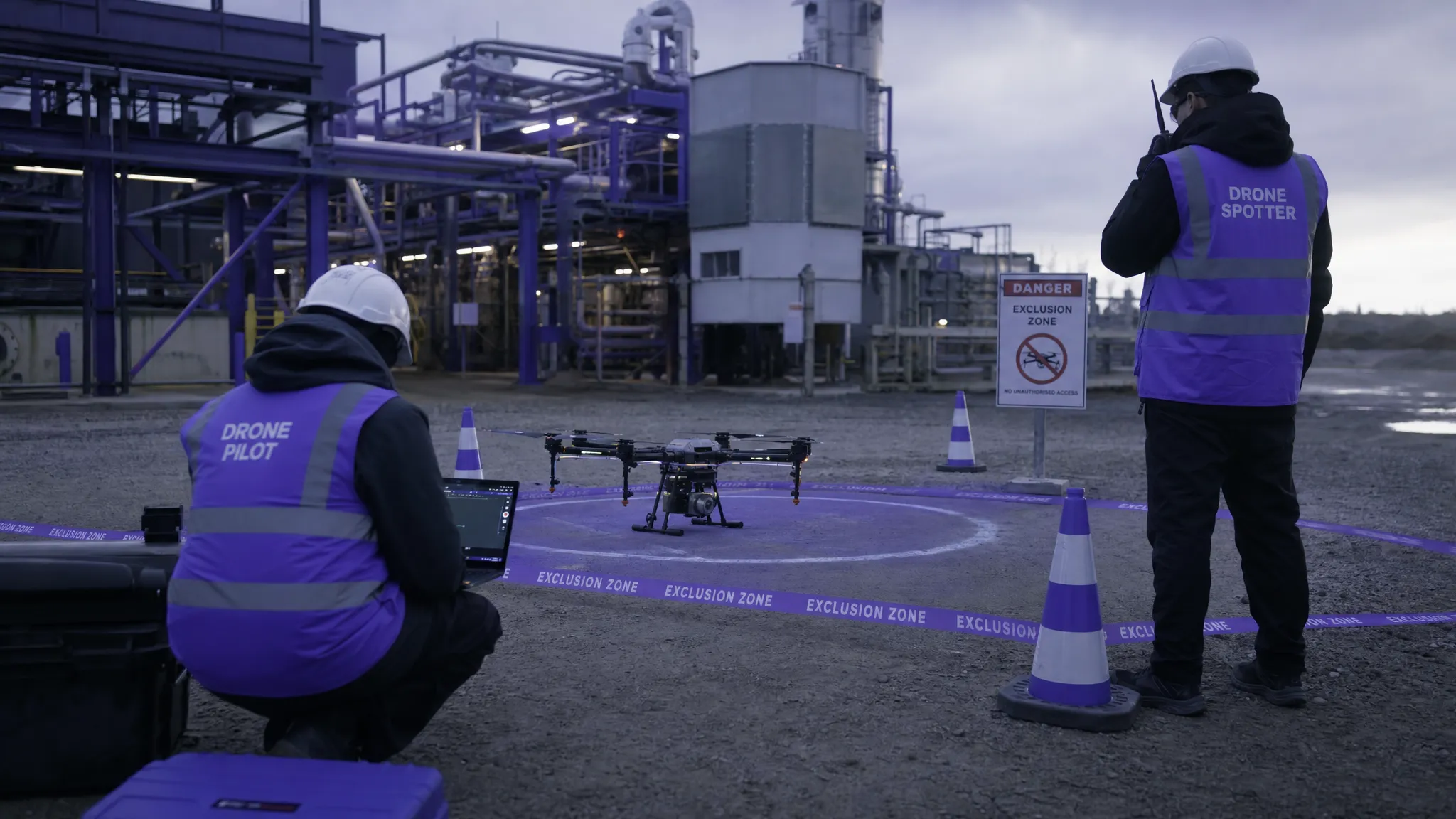 A drone pilot and spotter setting up a launch area beside an industrial facility, with a marked exclusion zone and the inspection asset in view, while nearby hazards are being checked.