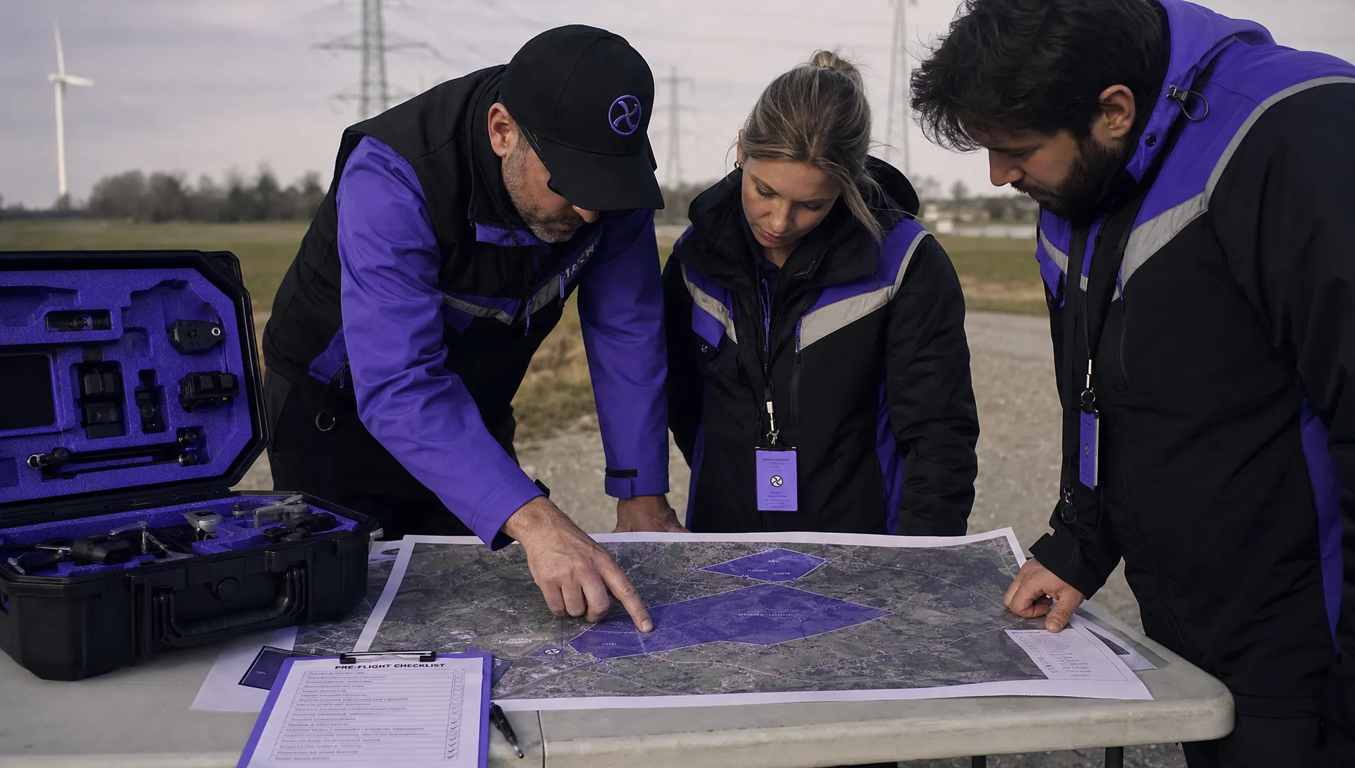 A professional drone team reviews a printed site map beside a rugged drone case, with marked airspace boundaries, nearby roads, power lines and a checklist visible on a folding table outdoors.