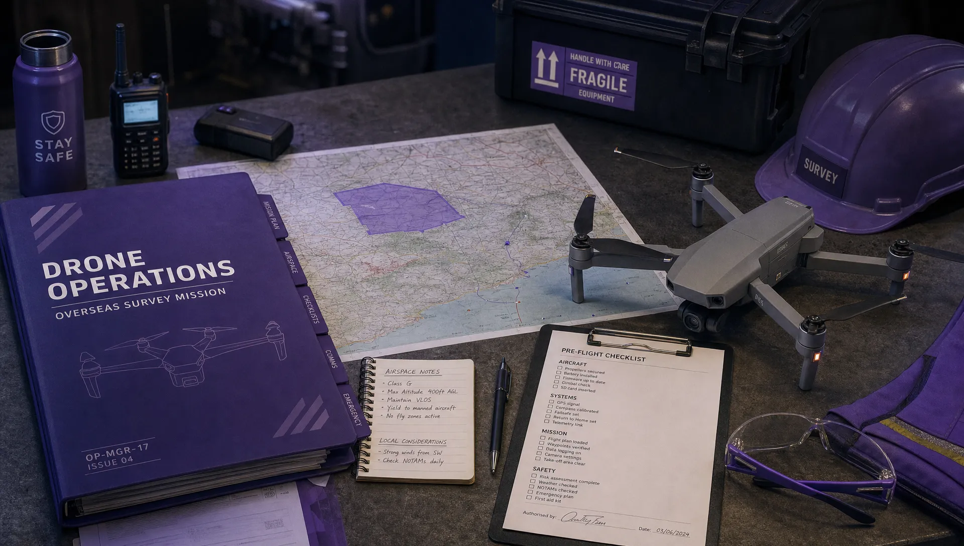 A workbench holds a drone operations folder, a country map, airspace notes, a checklist, a small survey drone and safety equipment for an overseas flight.