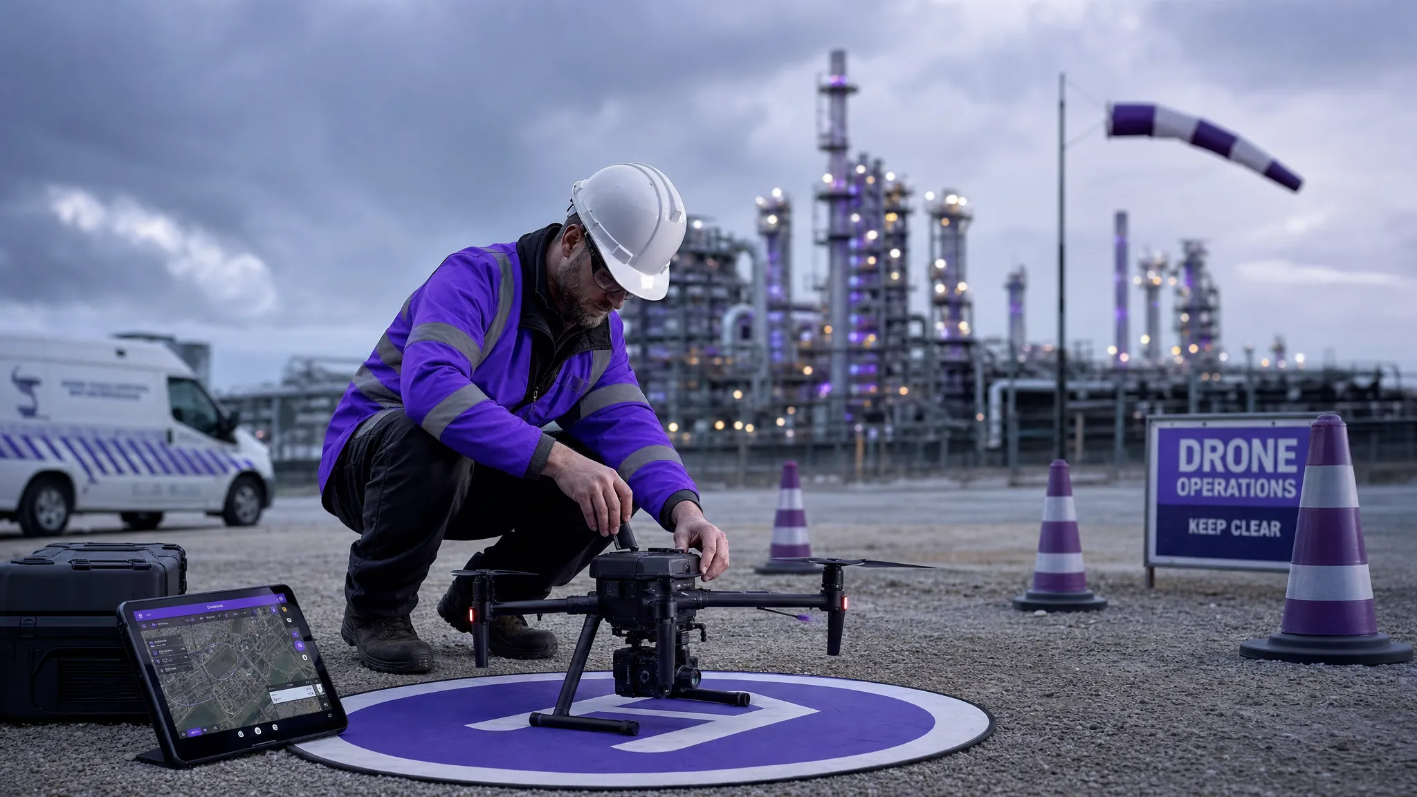 A commercial drone pilot preparing a drone beside a marked take-off area, with cones, a landing pad, a tablet, high-visibility equipment and an industrial inspection site in the background.