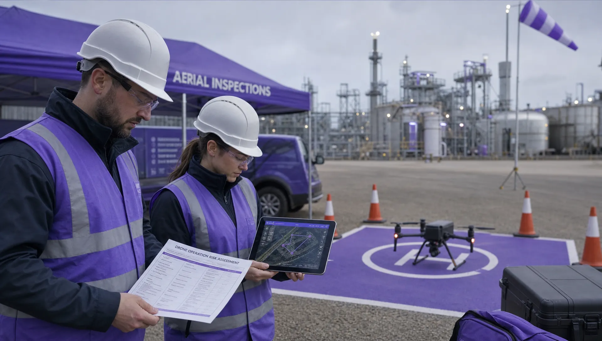 A commercial drone crew preparing for a site inspection beside a marked take-off area, with safety cones, a printed risk assessment, a tablet showing a flight plan, and an industrial facility in the background.
