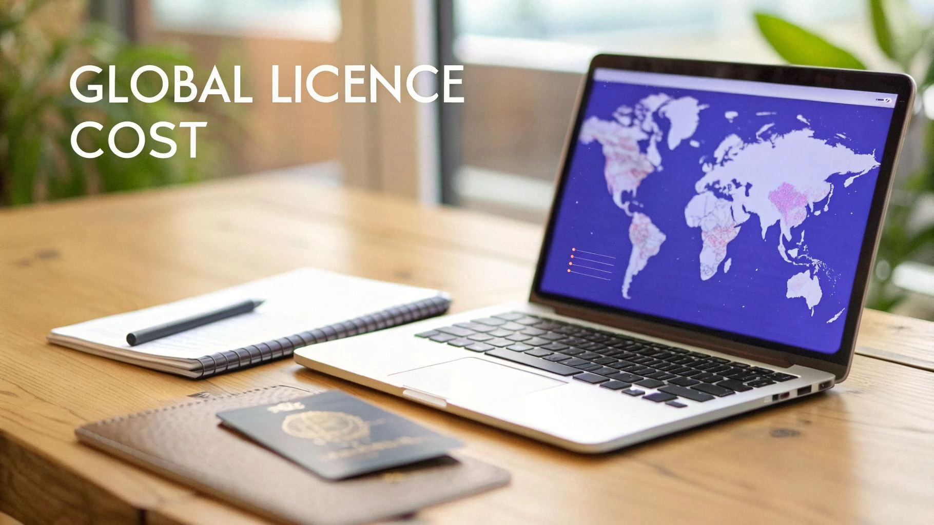 Laptop screen displays a global map, with 'GLOBAL LICENCE COST' text, a notebook, and passport.