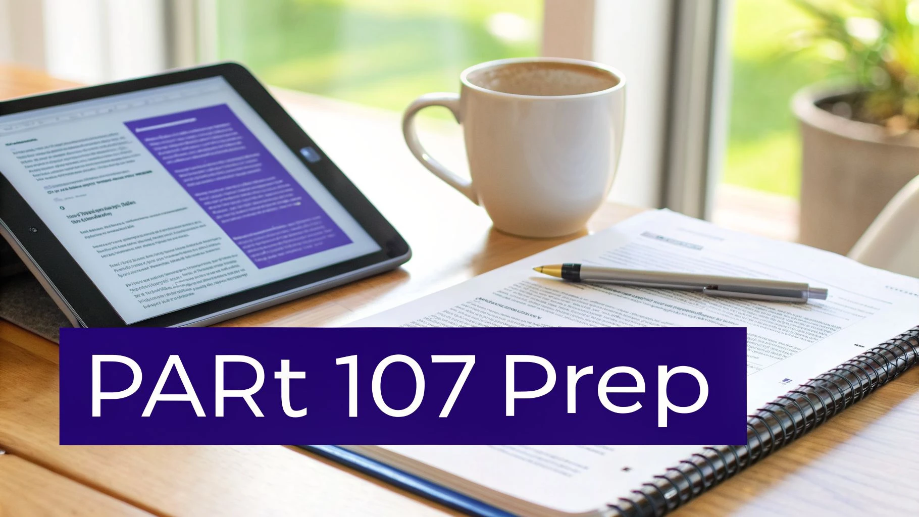 A tablet, coffee, and documents on a desk with 'PART 107 Prep' text, ideal for drone pilot certification study.