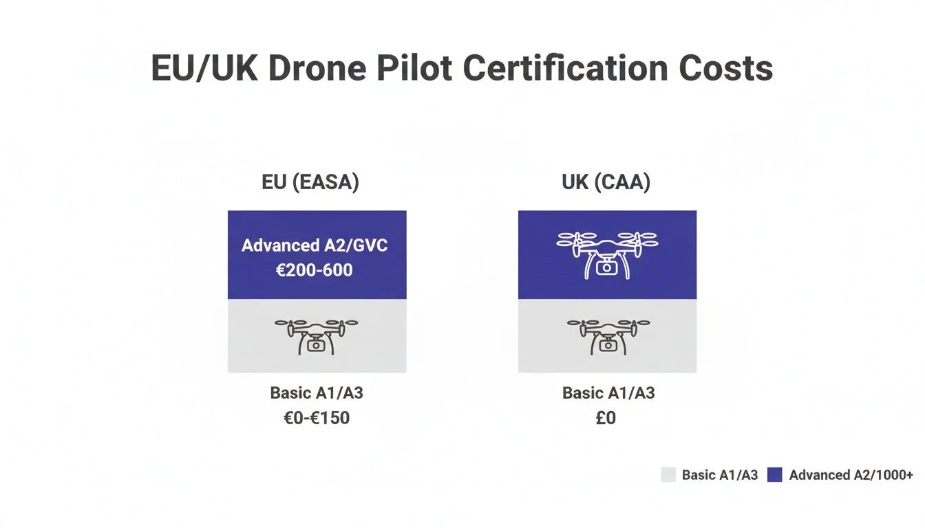 Comparison of EU and UK drone pilot certification costs for different license levels.