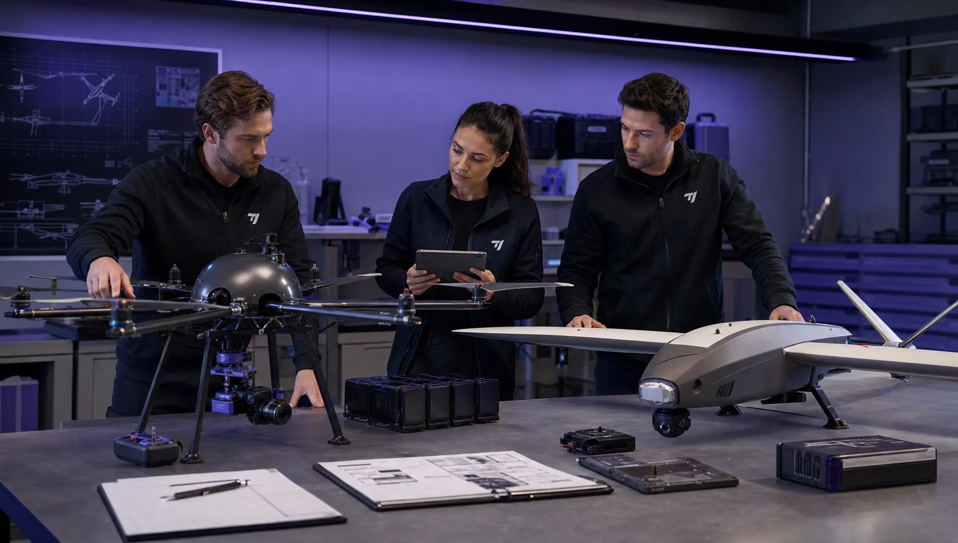 An enterprise drone team compares multirotor and fixed-wing aircraft on a workbench with payloads, batteries and flight paperwork.