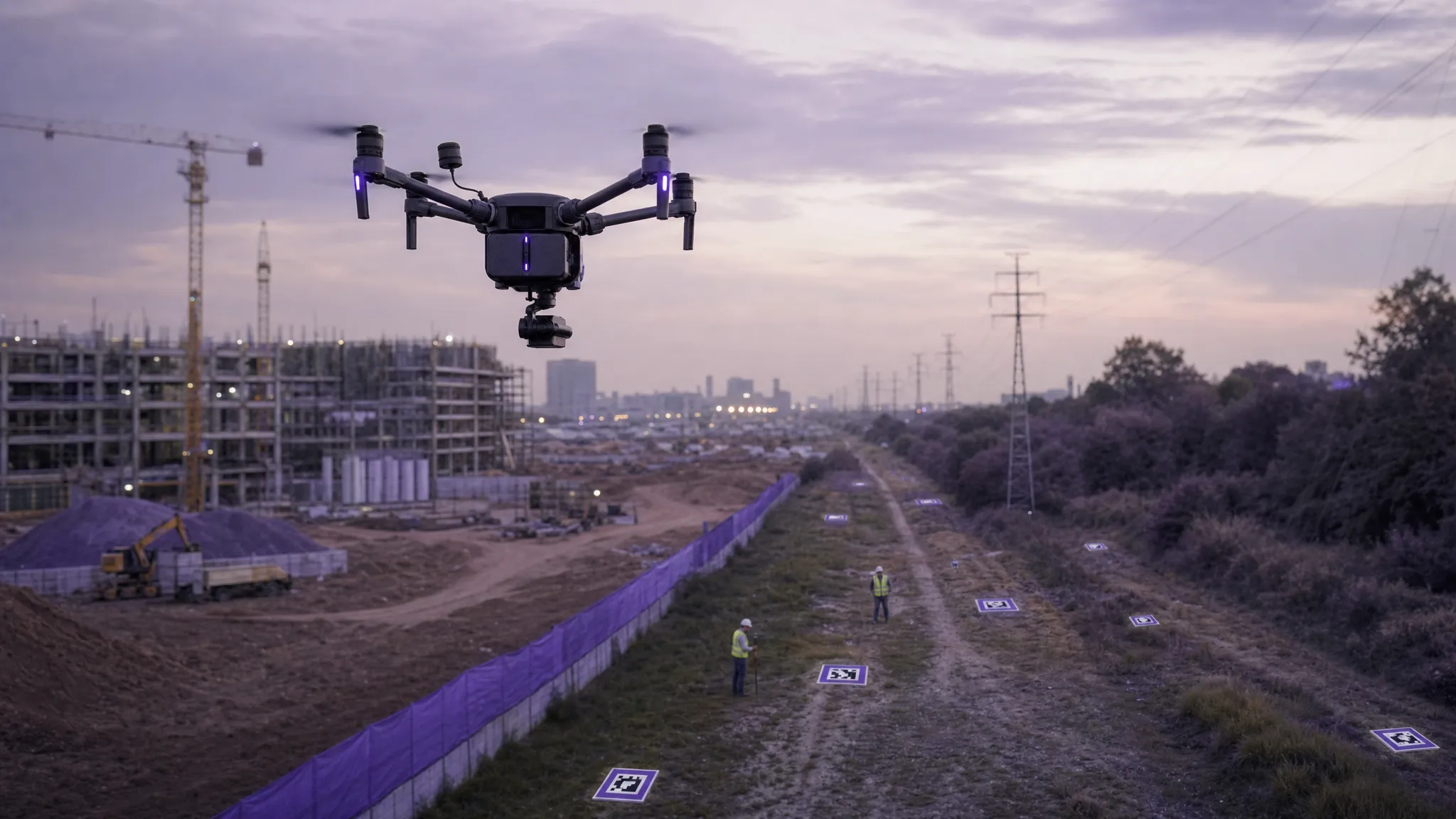 A commercial drone flying above a mixed-use survey site with ground control targets visible, a construction area on one side and a utility corridor on the other.
