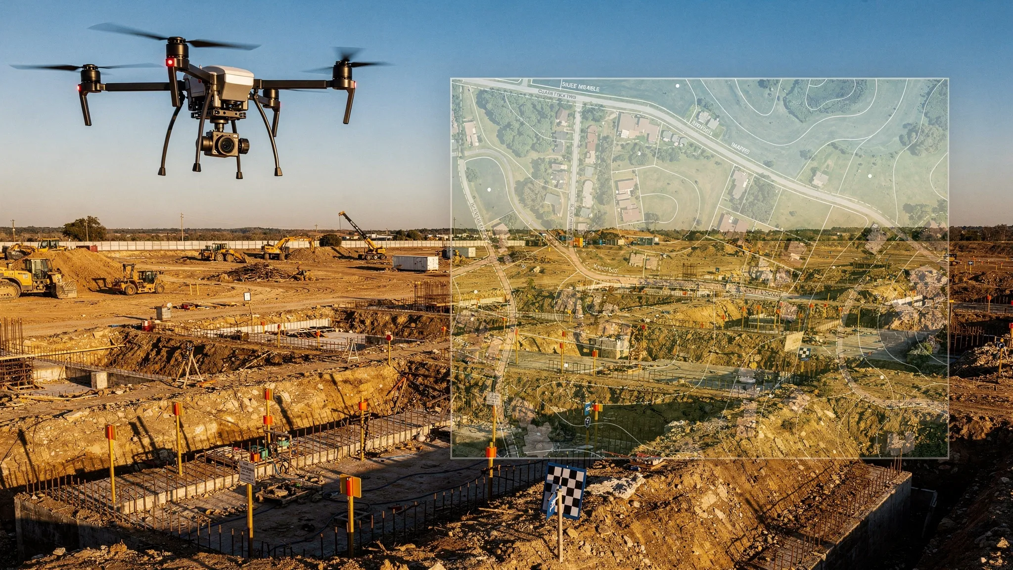 A commercial drone flying a grid pattern over a construction site, with survey markers on the ground and a finished orthomosaic map shown as an overlay beside the site.