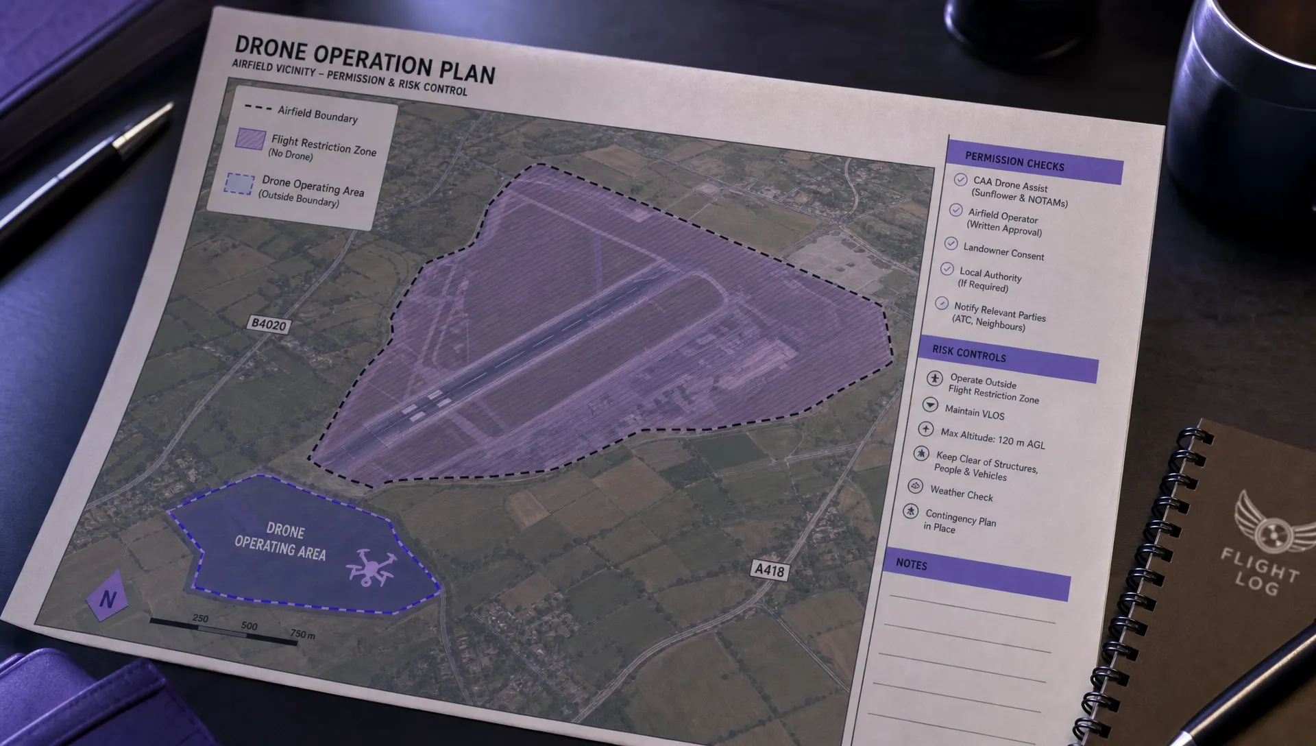 A planning map showing an airport runway, shaded flight restriction zones, nearby roads and fields, with a marked drone operating area outside the boundary and notes for permission checks and risk controls.
