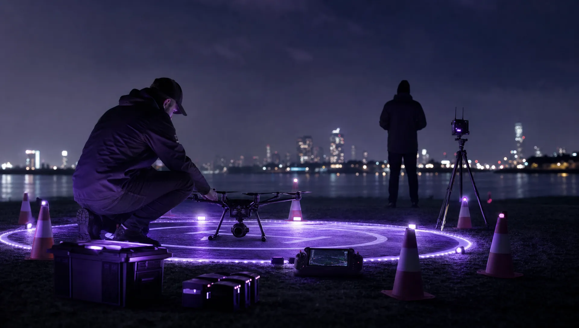 A drone crew sets up a lit take-off area at night with cones, a controller, spare batteries and an observer watching the sky.