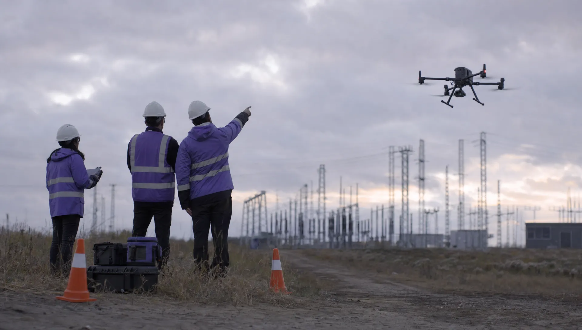 A DJI Matrice 350 RTK drone flying over a utility site while a distant survey team stands beside field folders and safety cones in the foreground.