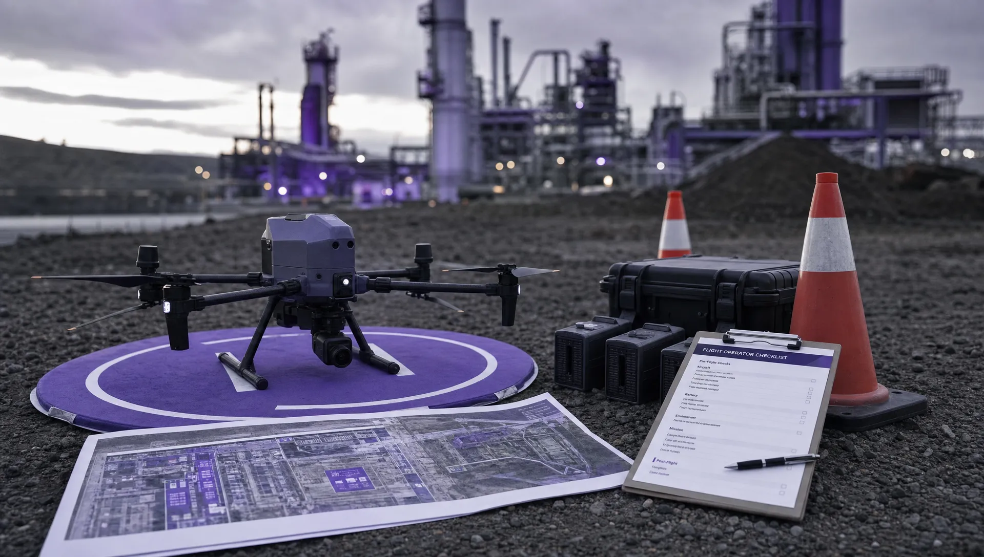 A commercial drone on a launch mat beside printed site maps, safety cones, spare batteries and an operator checklist at an industrial inspection site.