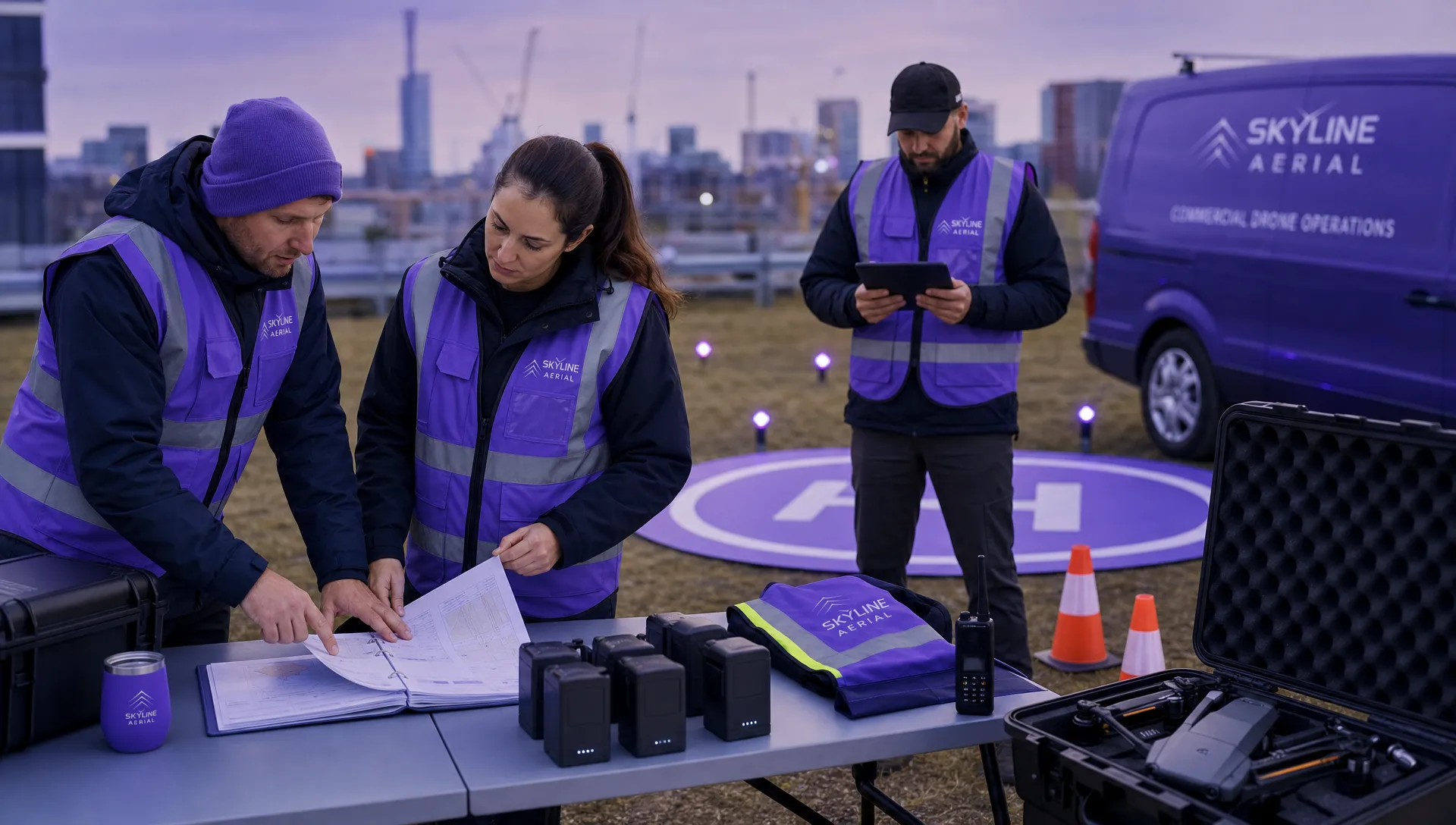 A commercial drone crew preparing for a compliant work flight beside a marked take-off area, with printed flight documents, batteries, safety cones and high-visibility equipment laid out on a folding table, and the drone ready in a case nearby.