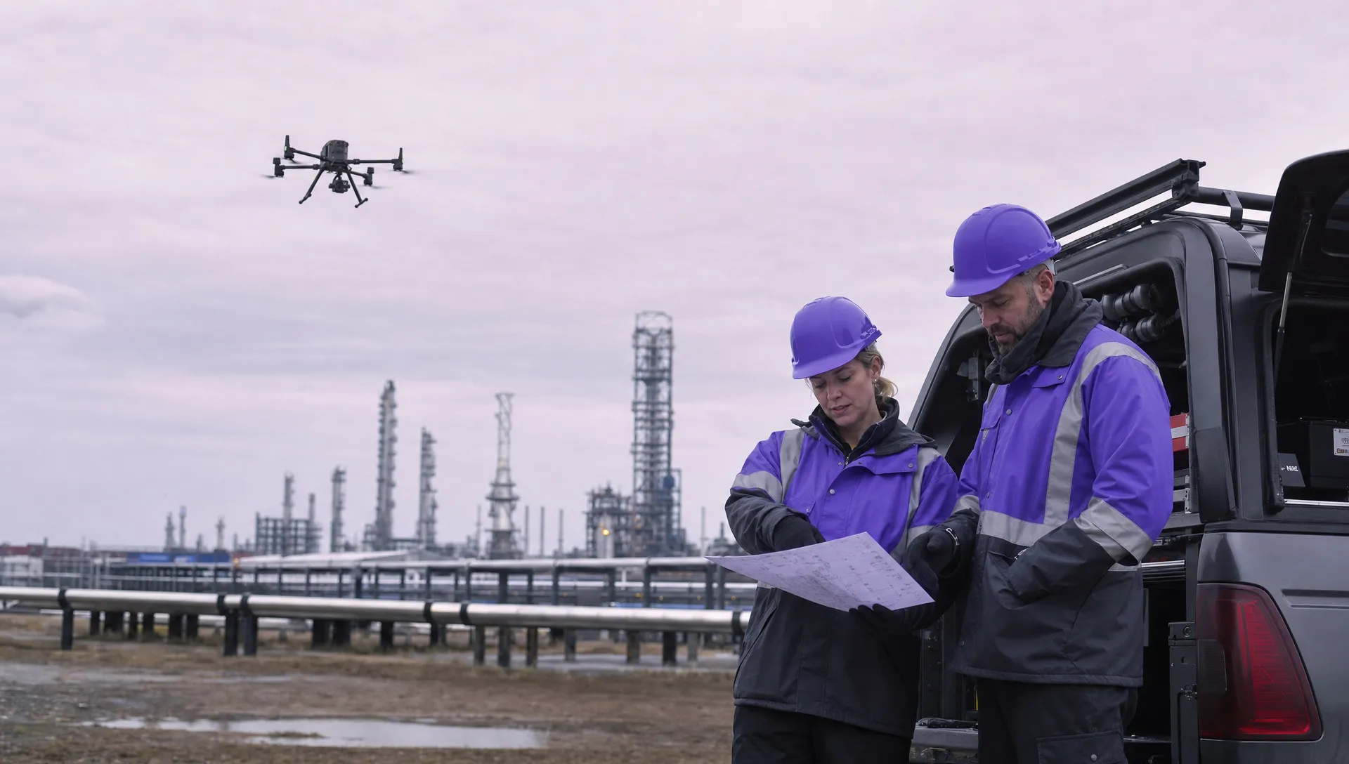 A DJI Matrice 350 RTK style drone flies well away from two crew members above an industrial inspection site while they review a printed flight plan beside a utility vehicle.