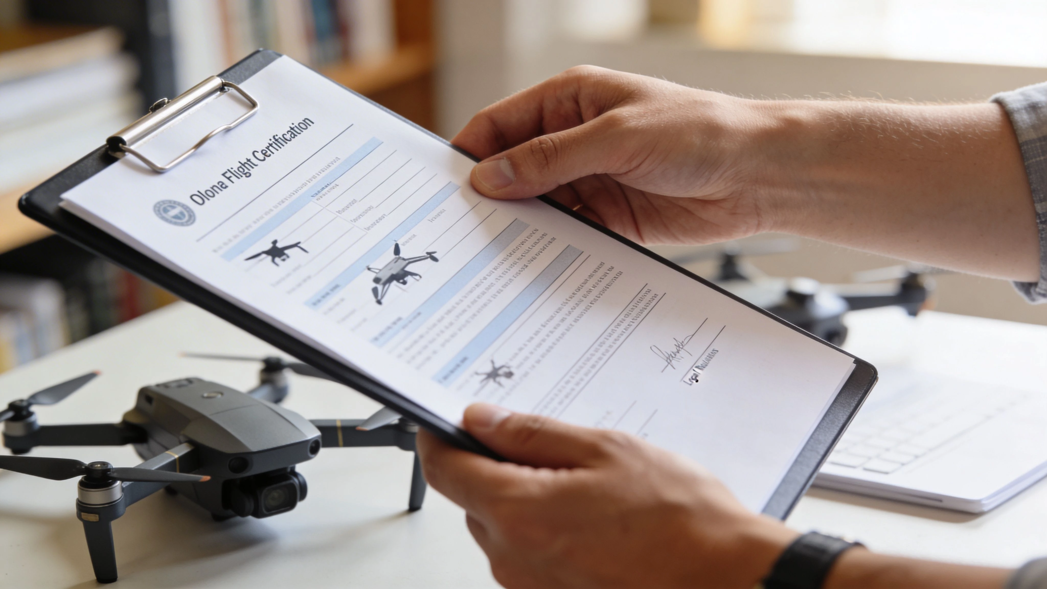 A person holding a drone flight certification document on a clipboard next to a professional drone.