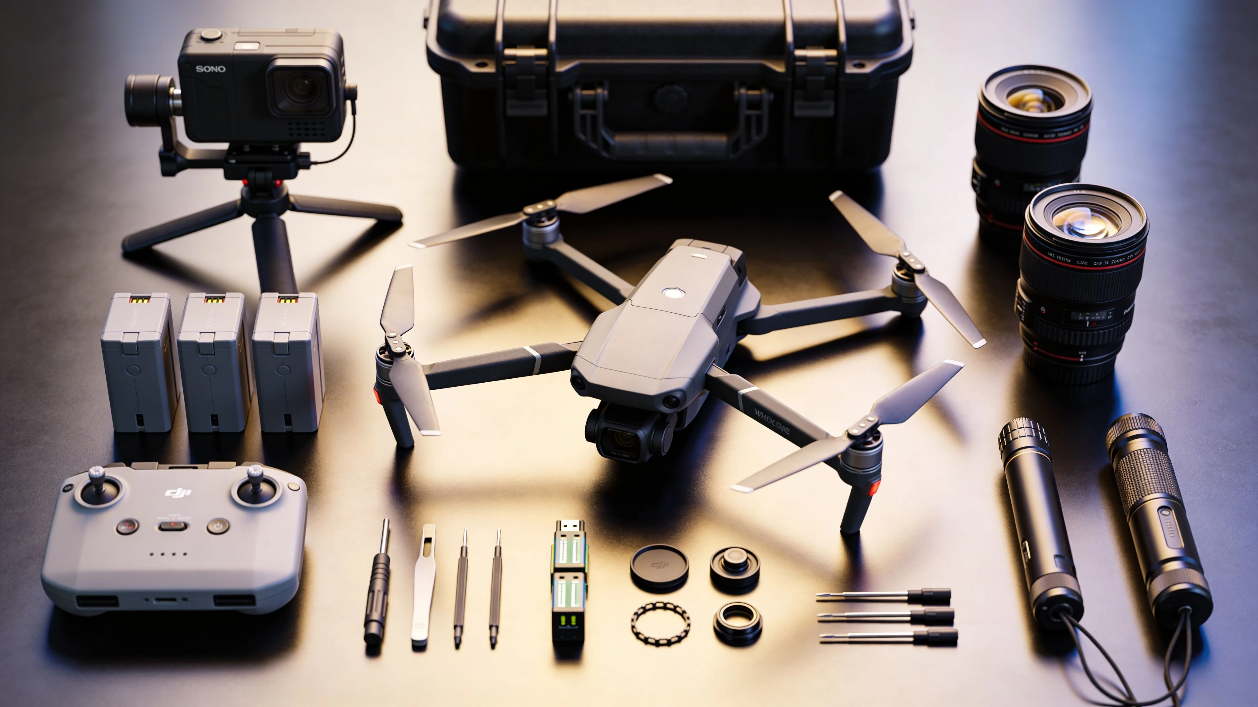 A complete aerial photography drone kit including camera, drone, spare batteries, remote controller, and various lenses on a table.