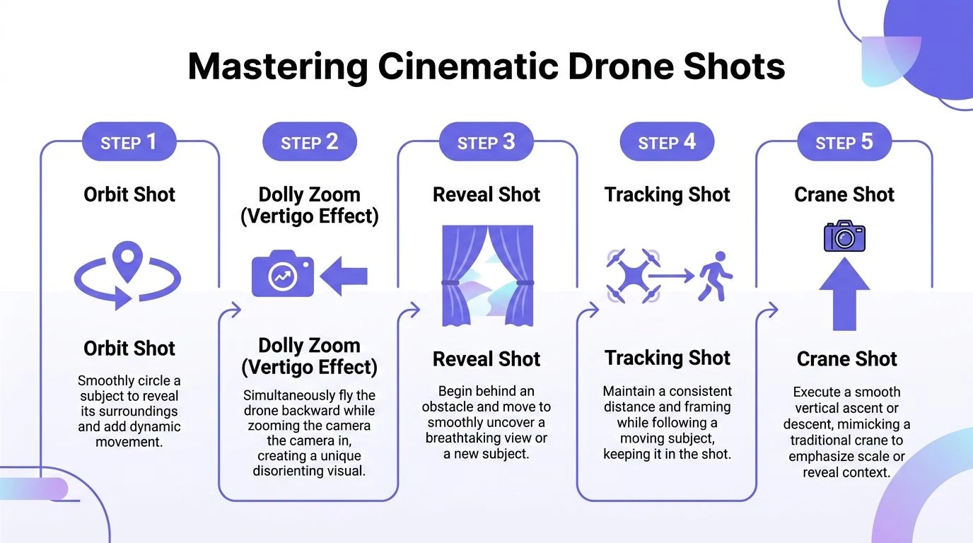 A step-by-step infographic titled Mastering Cinematic Drone Shots, explaining five essential professional camera movements for drone pilots.
