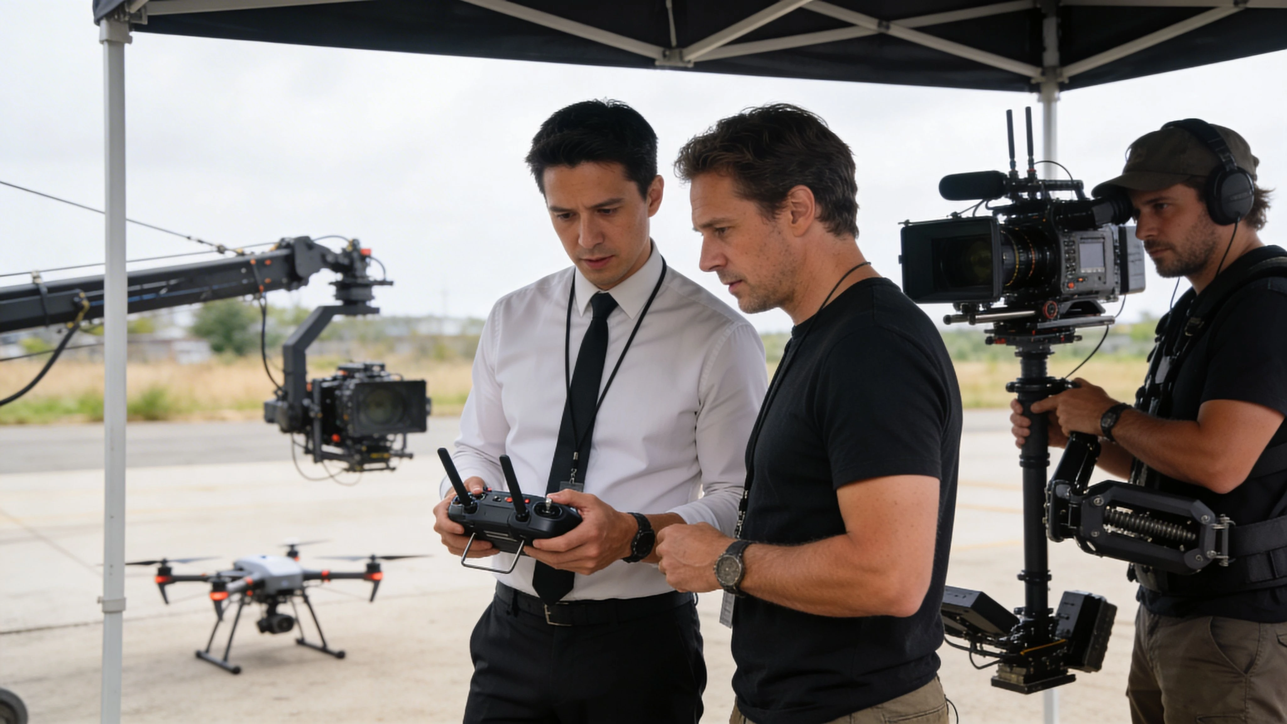 A drone operator and a director reviewing footage while a cameraman captures a scene on set.