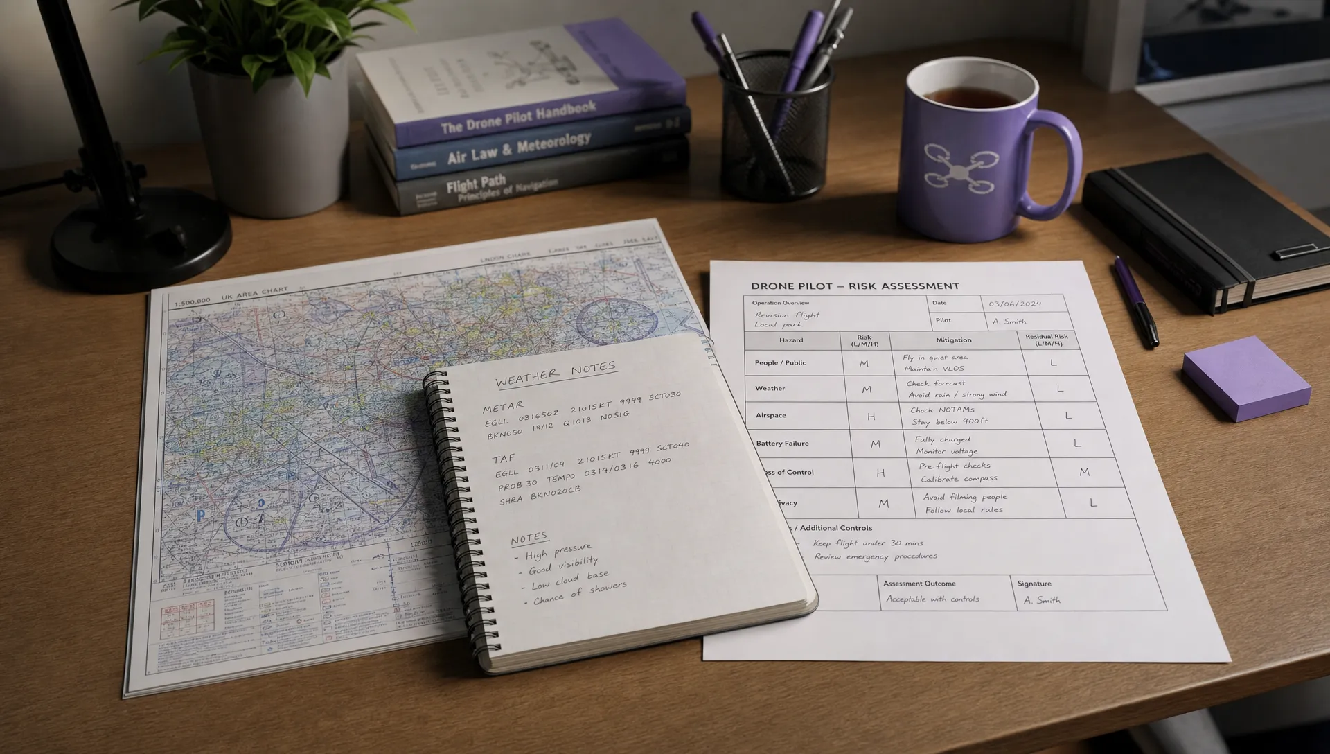 A tidy study desk with an aviation chart, weather notes and a risk assessment worksheet for drone pilot test revision.