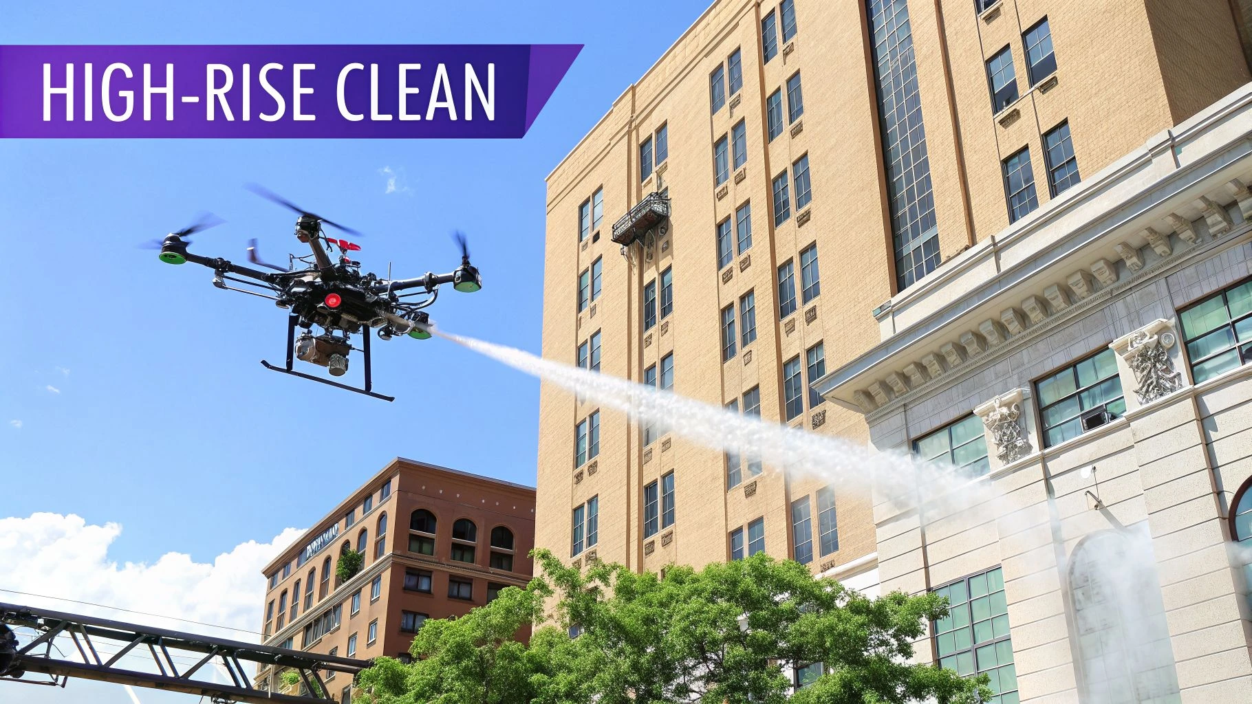 A large drone power washing a tall building under a blue sky, with a 'HIGH-RISE CLEAN' banner.